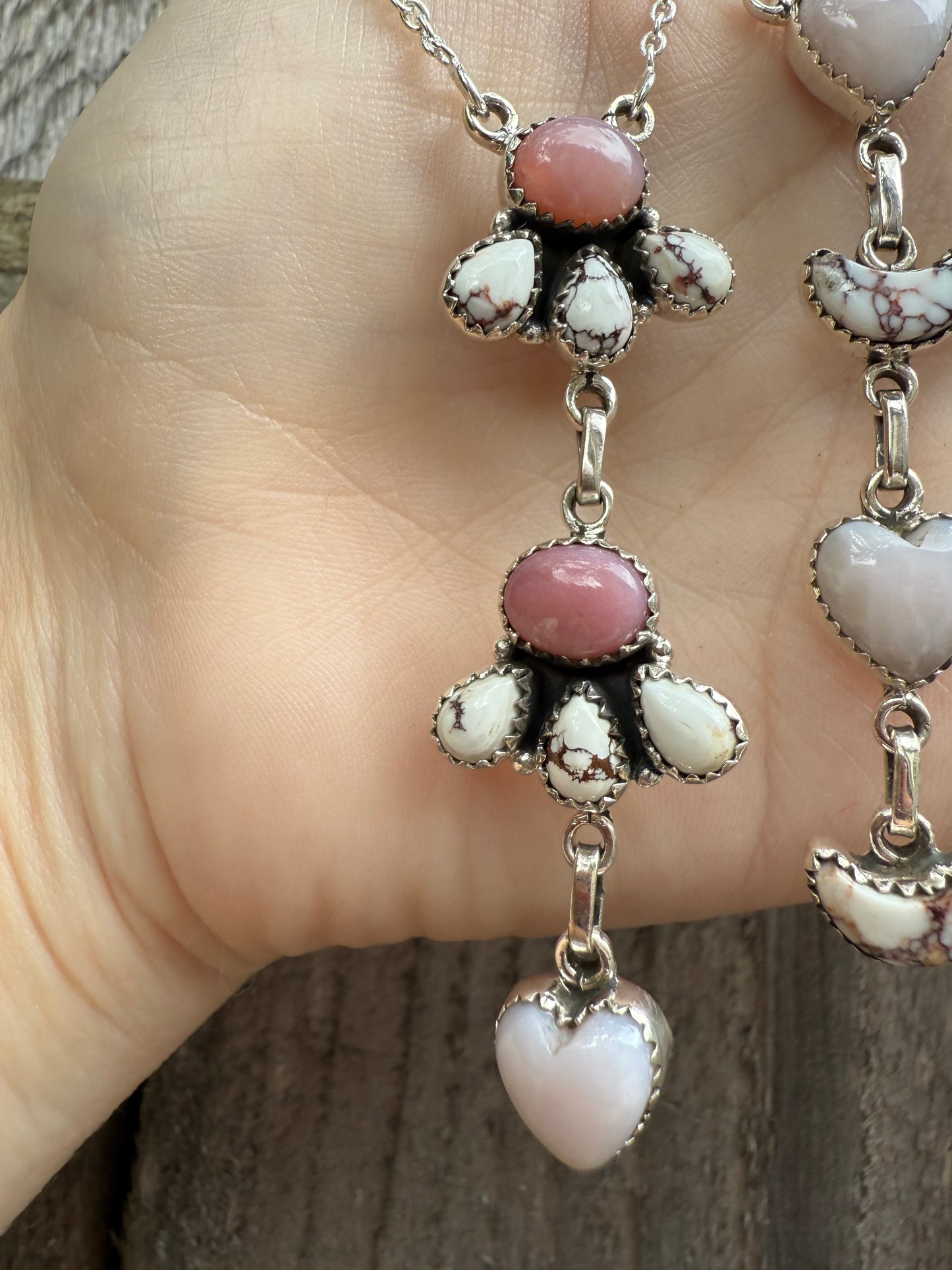Pink Opal and Wild Horse Sterling Silver Lariat Necklace