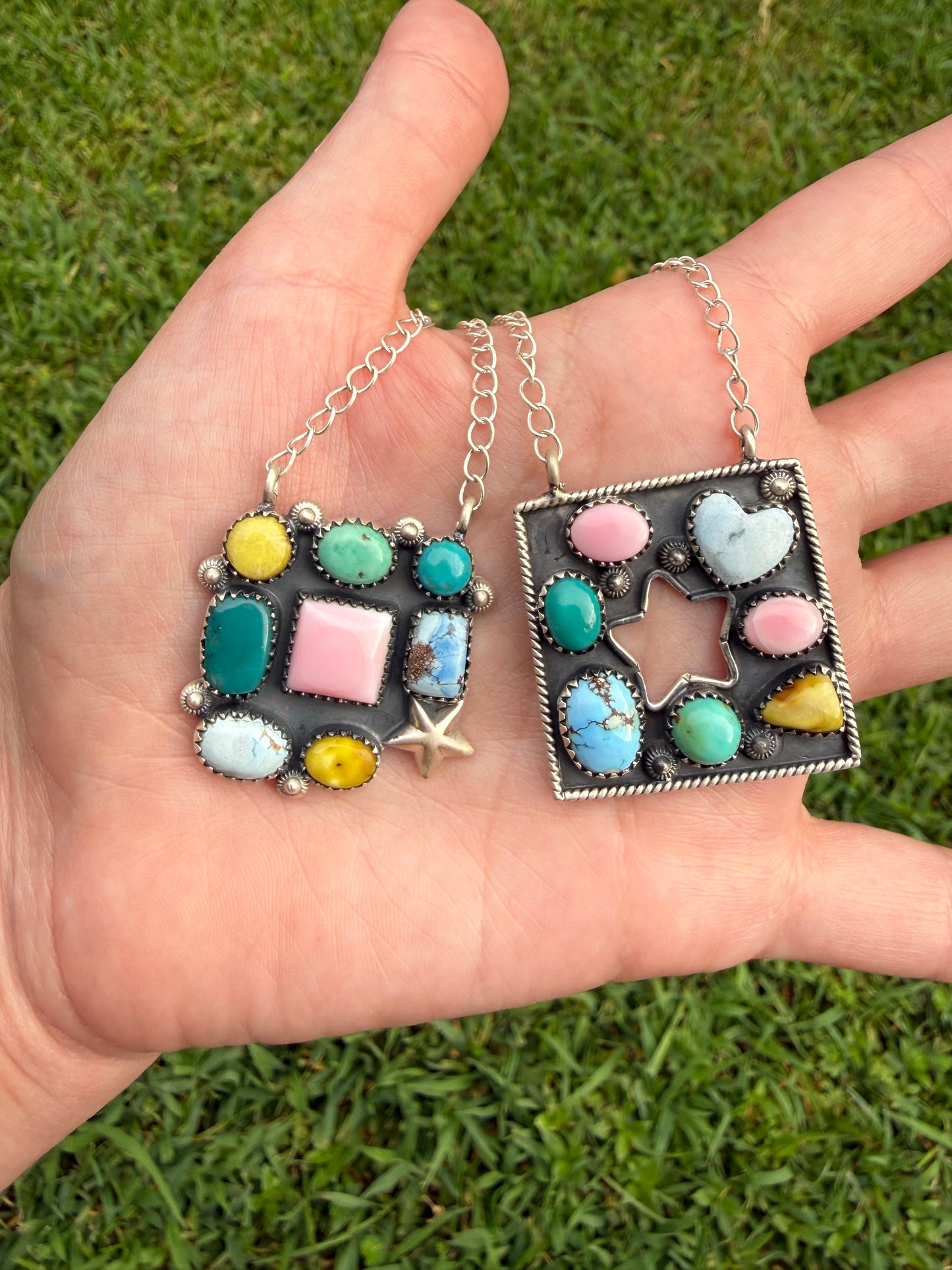Multi Stone Star Cluster Square Sterling Silver Pendant