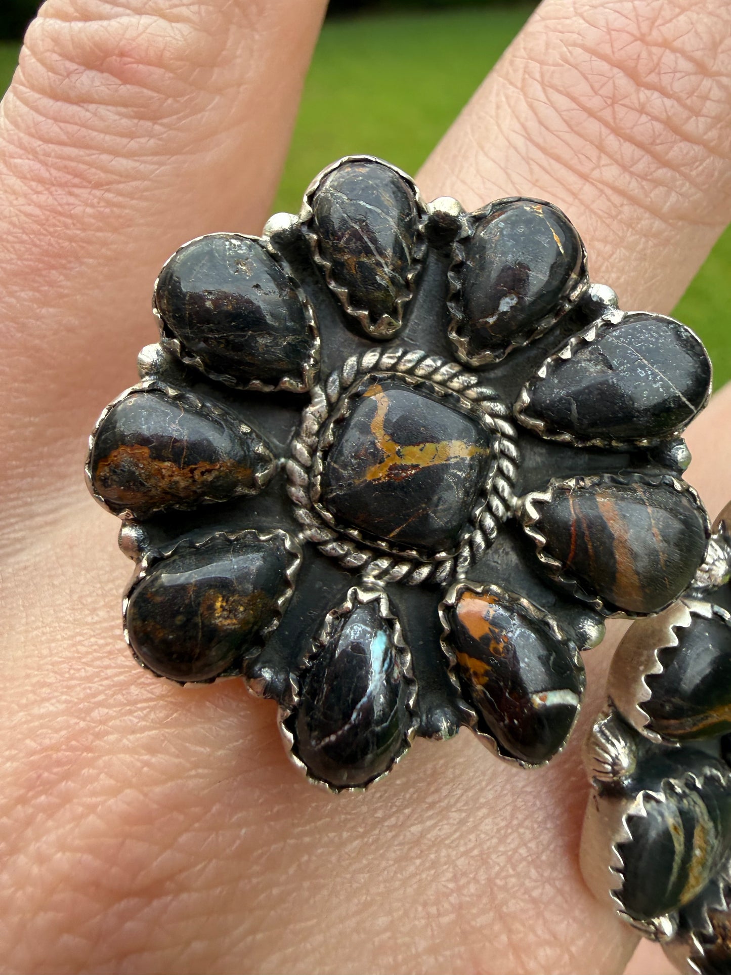Blackjack Turquoise Full Flower Sterling Silver Adjustable Ring