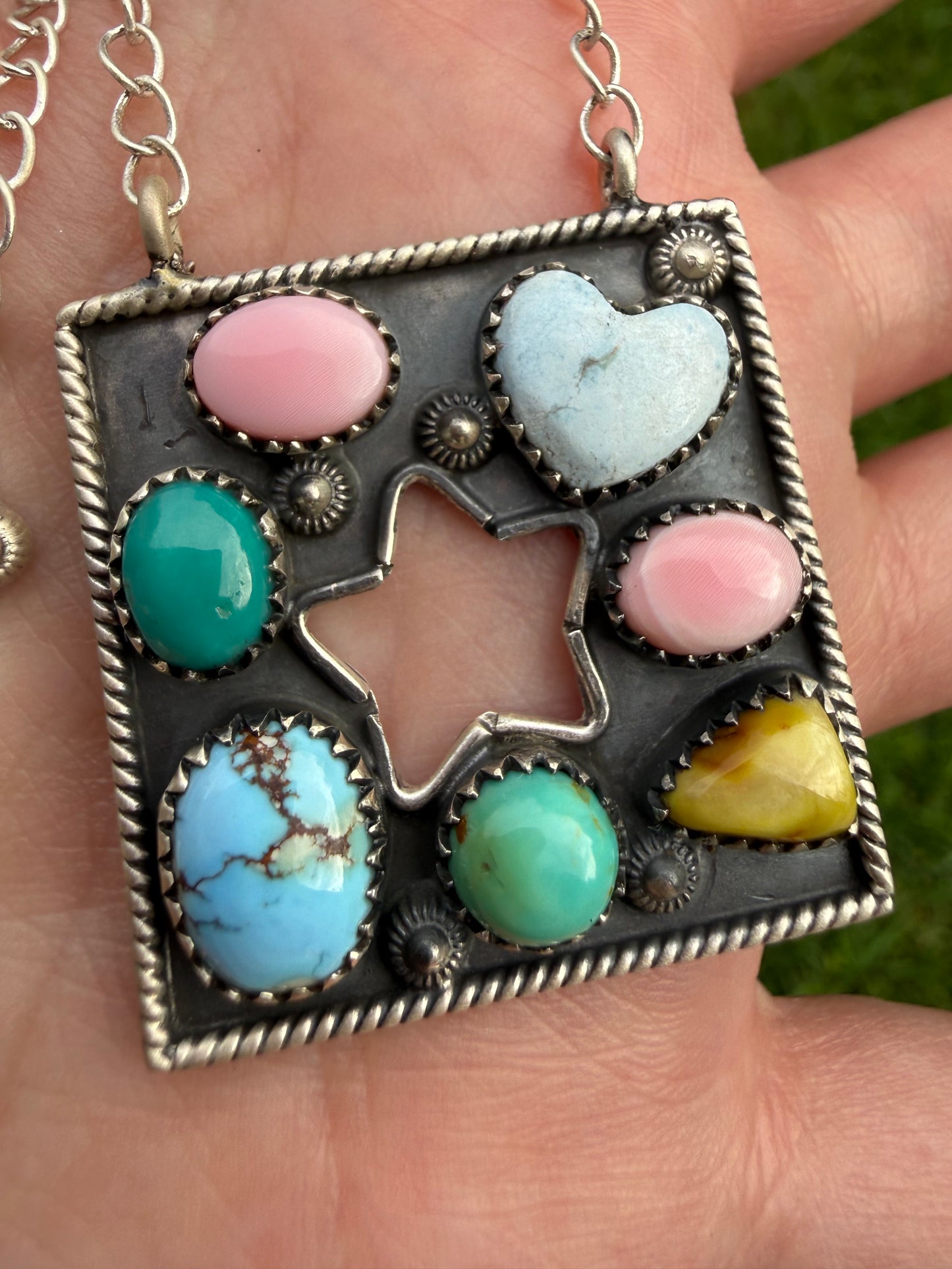 Multi Stone Star Cluster Square Sterling Silver Pendant