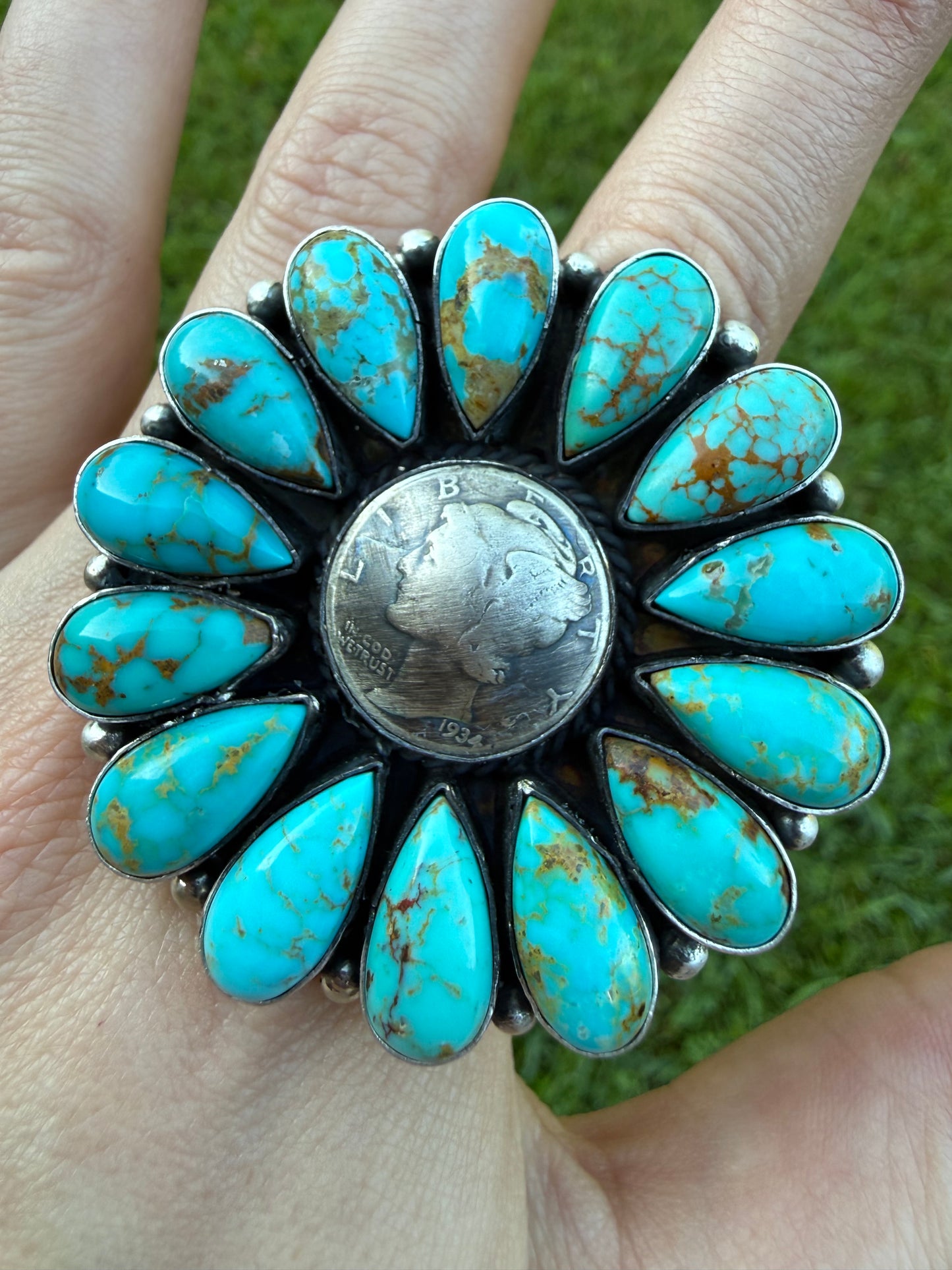 Native Coin Full Flower Kingman Turquoise Sterling Silver Adjustable Ring