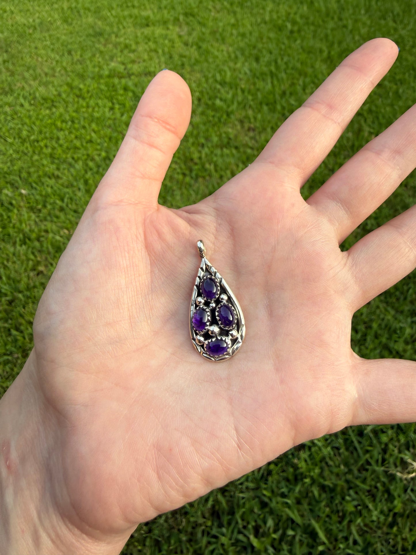 Navajo Amethyst Sterling Silver Tear Drop Cluster Pendant