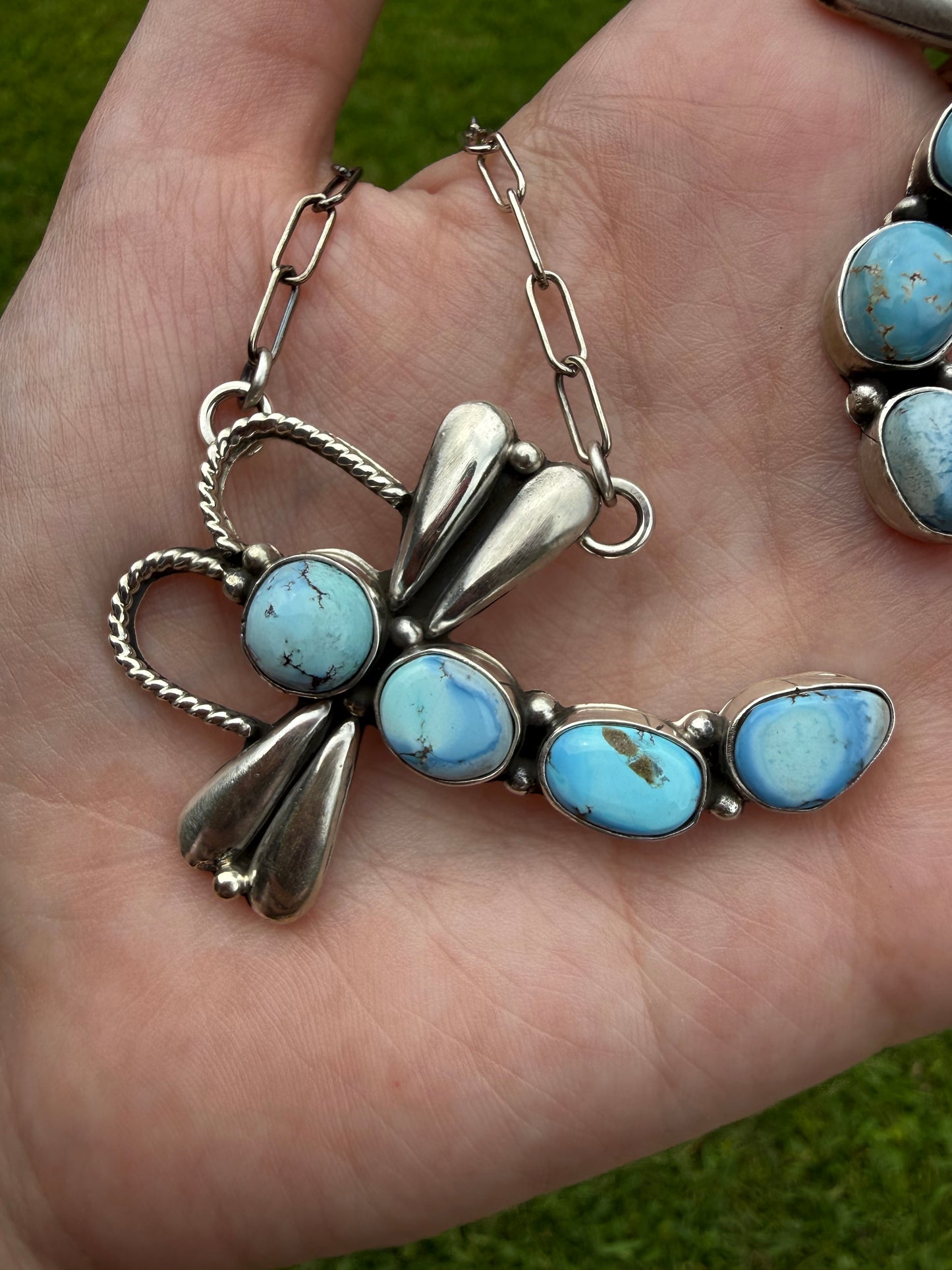 Navajo Golden Hills Turquoise Dragonfly Sterling Silver Necklace or Adjustable Ring