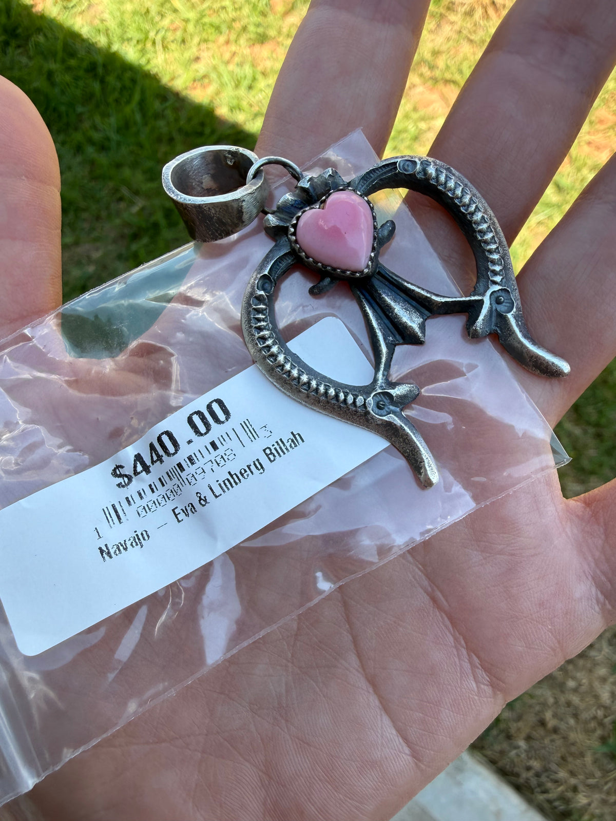 Navajo Pink Conch Heart Naja Sterling Silver Pendant