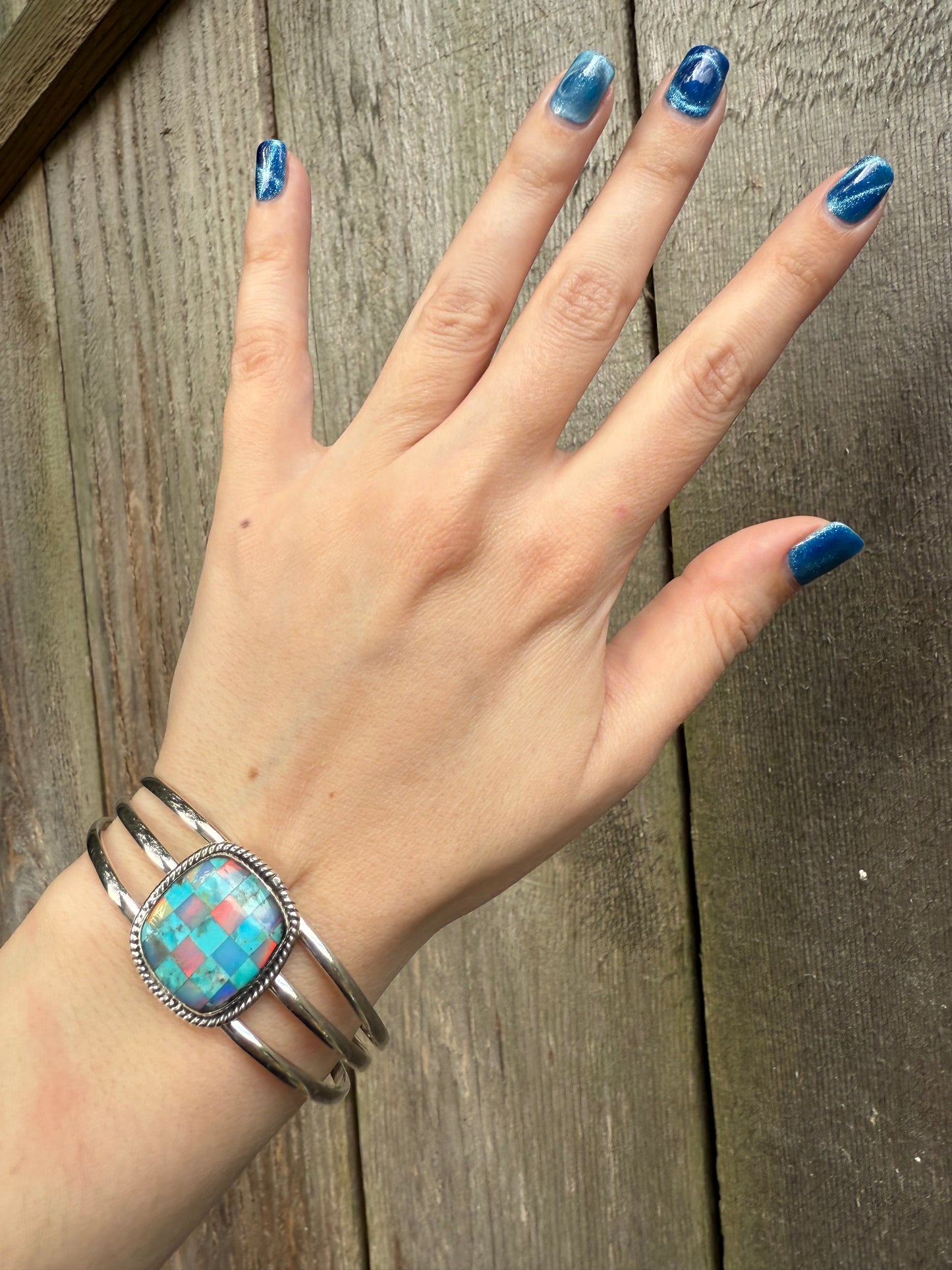 Mojave Turquoise and Aurora Opal Sterling Silver Checkered Cuff
