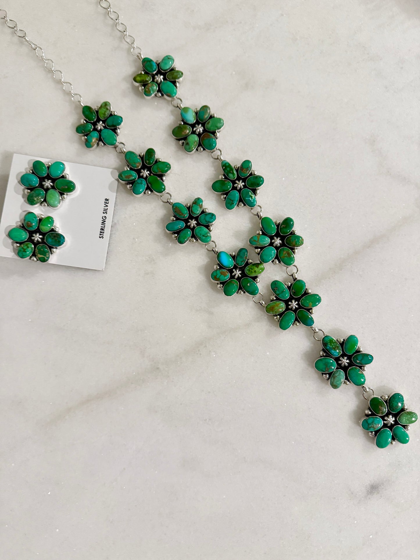 Navajo Sonoran Gold Turquoise Statement Full Flower Cluster  Necklace and Earrings