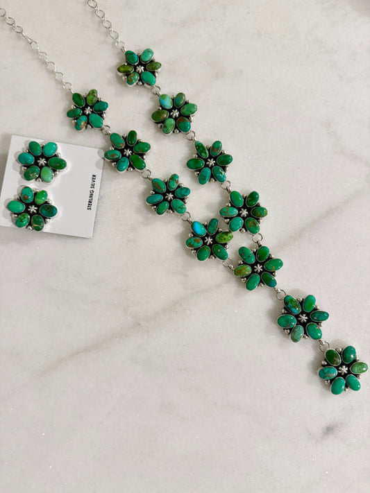 Navajo Sonoran Gold Turquoise Statement Full Flower Cluster  Necklace and Earrings