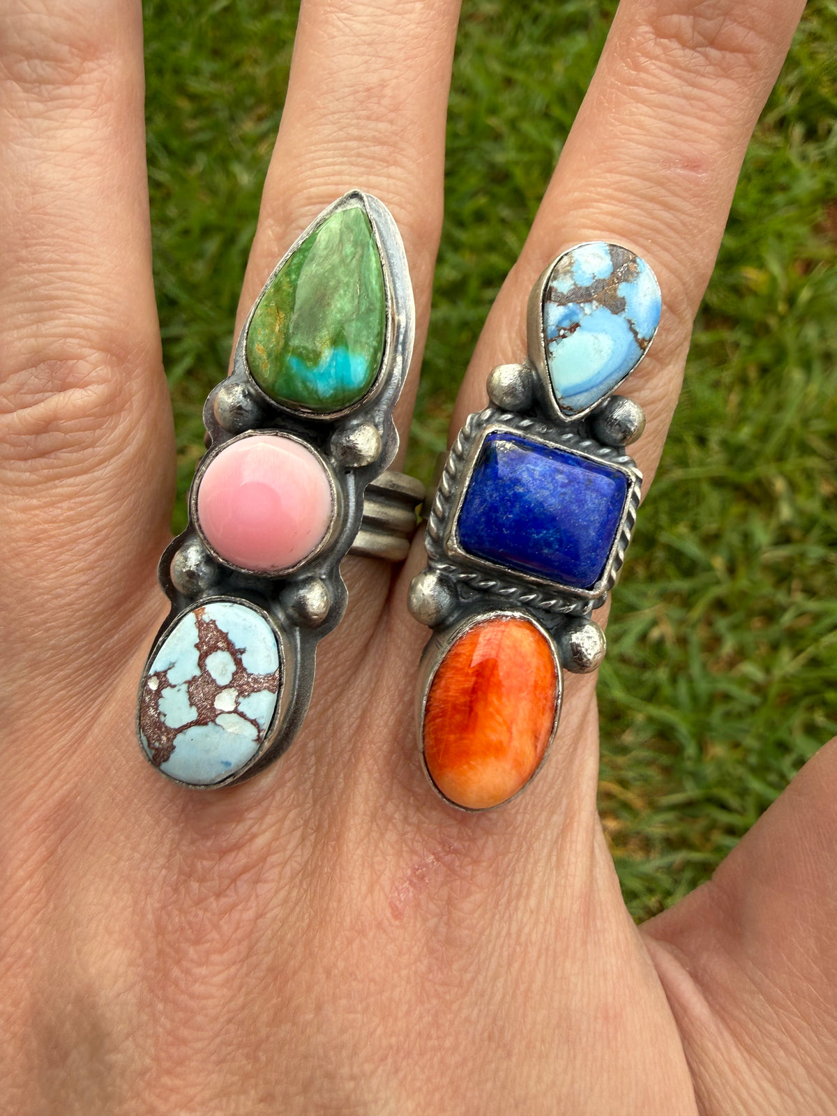 Navajo Multi Stone Turquoise Crawler Sterling Silver Adjustable Ring