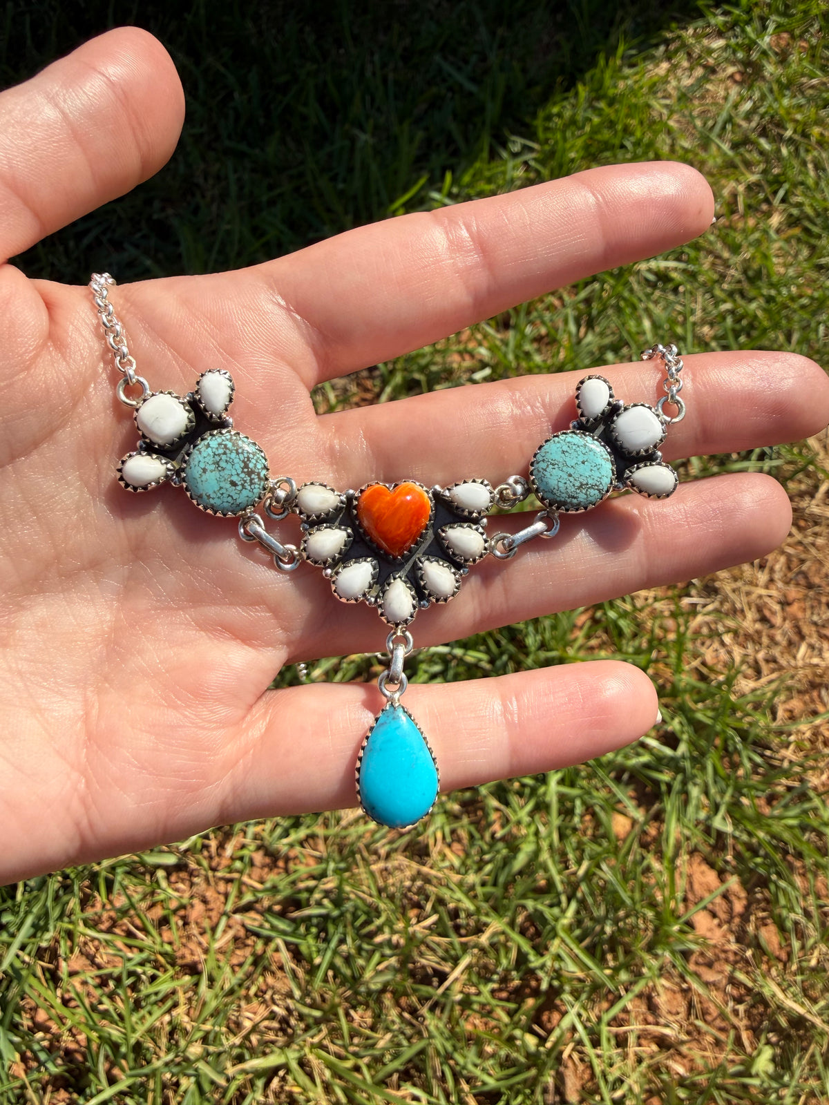 Orange Spiny, White Buffalo and Turquoise Multi Stone Heart Half Cluster Choker Necklace