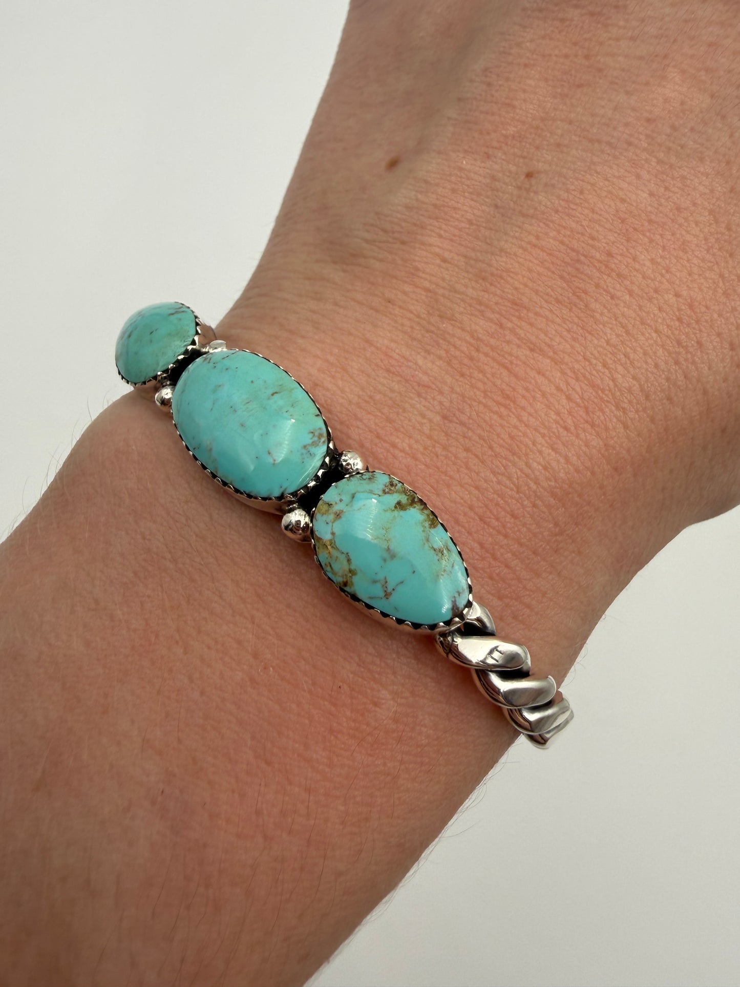 Native Turquoise Triple Stone Sterling Silver Twisted Cuff Bracelet