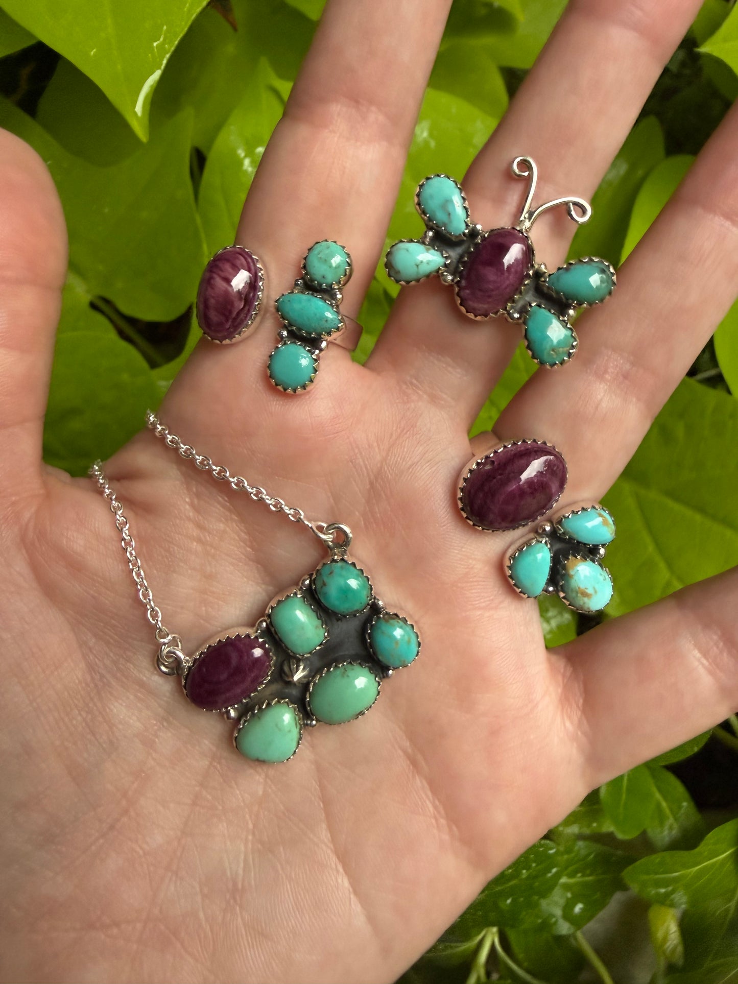 Kingman Turquoise and Purple Spiny Cluster Sterling Silver Ring or Necklace