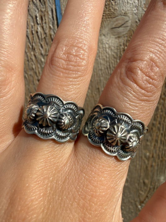 Navajo All Silver Cigar Band Sterling Silver Peyote Button Ring