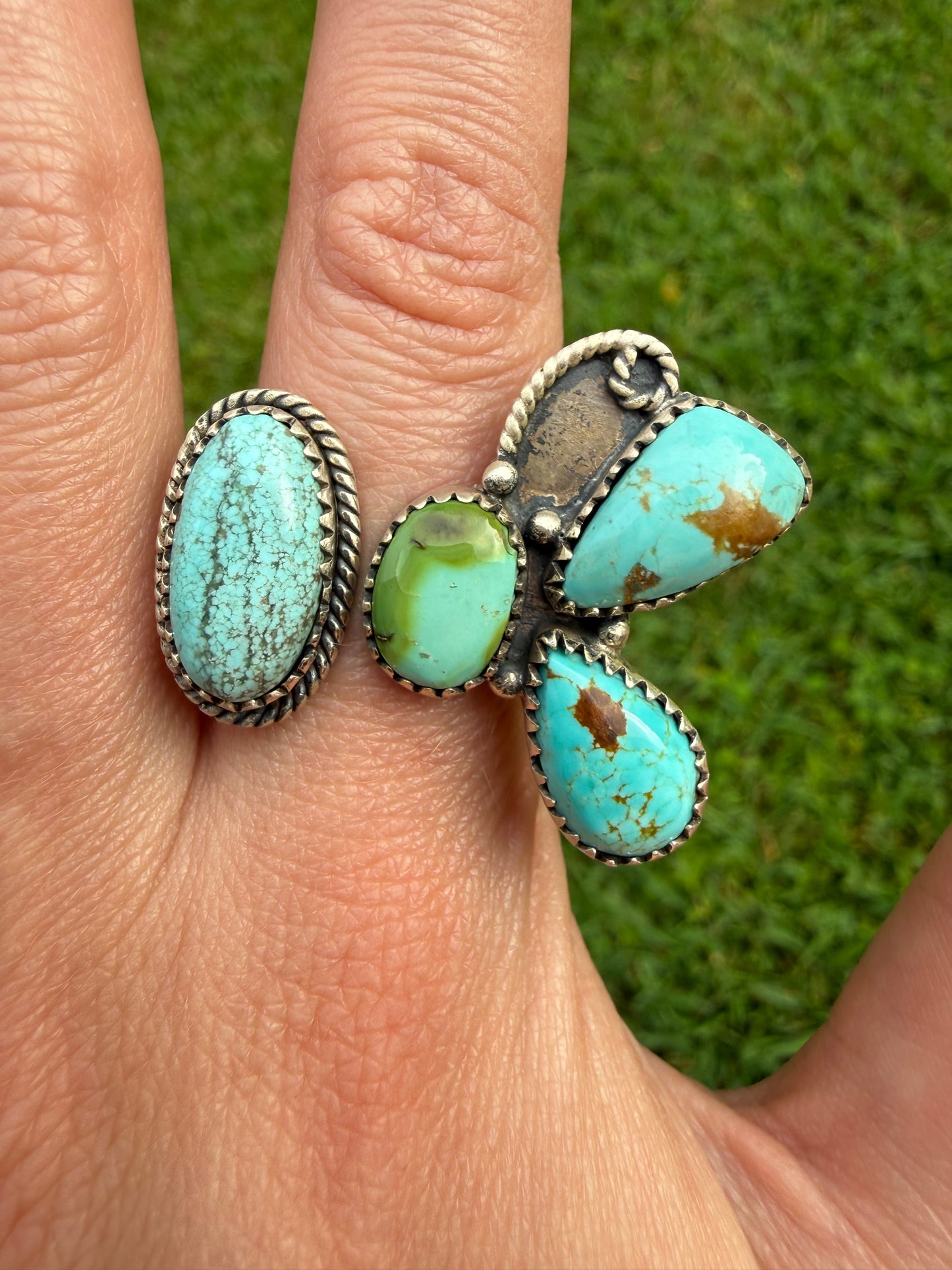Mixed Turquoise Half Butterfly Sterling Silver Floater Ring