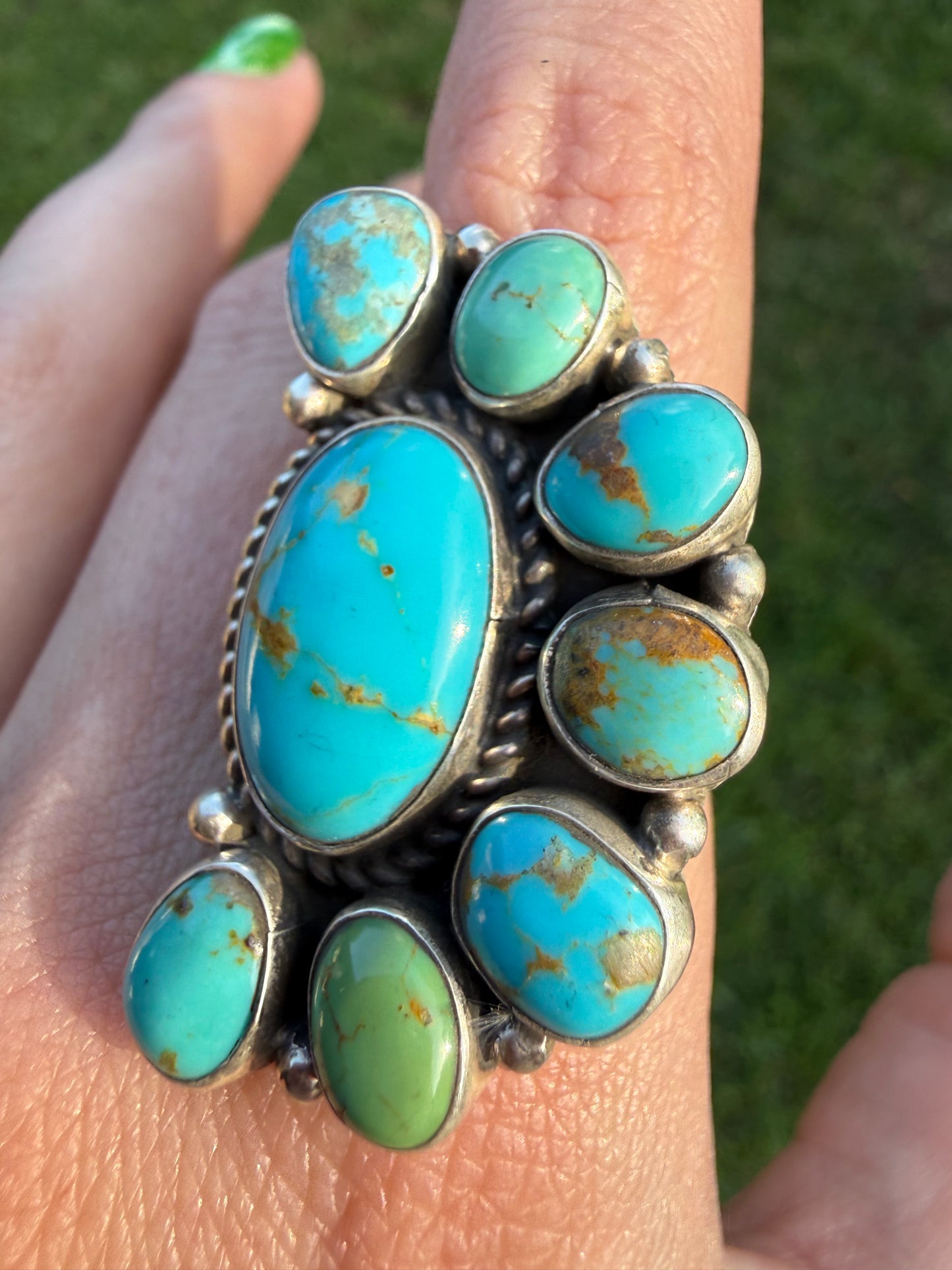 Navajo Turquoise Half Flower Adjustable Sterling Silver Ring
