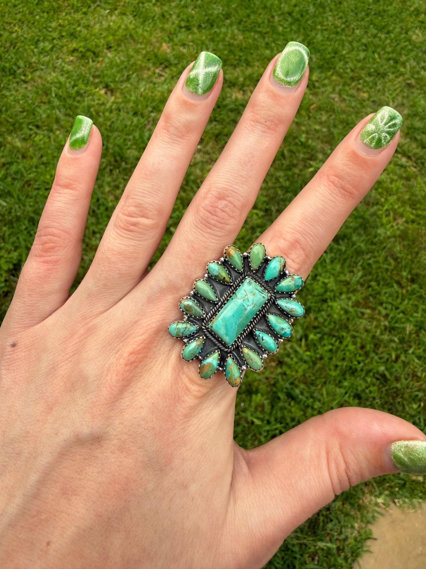 Kingman Turquoise Big Mama Full Cluster Sterling Silver Adjustable Ring