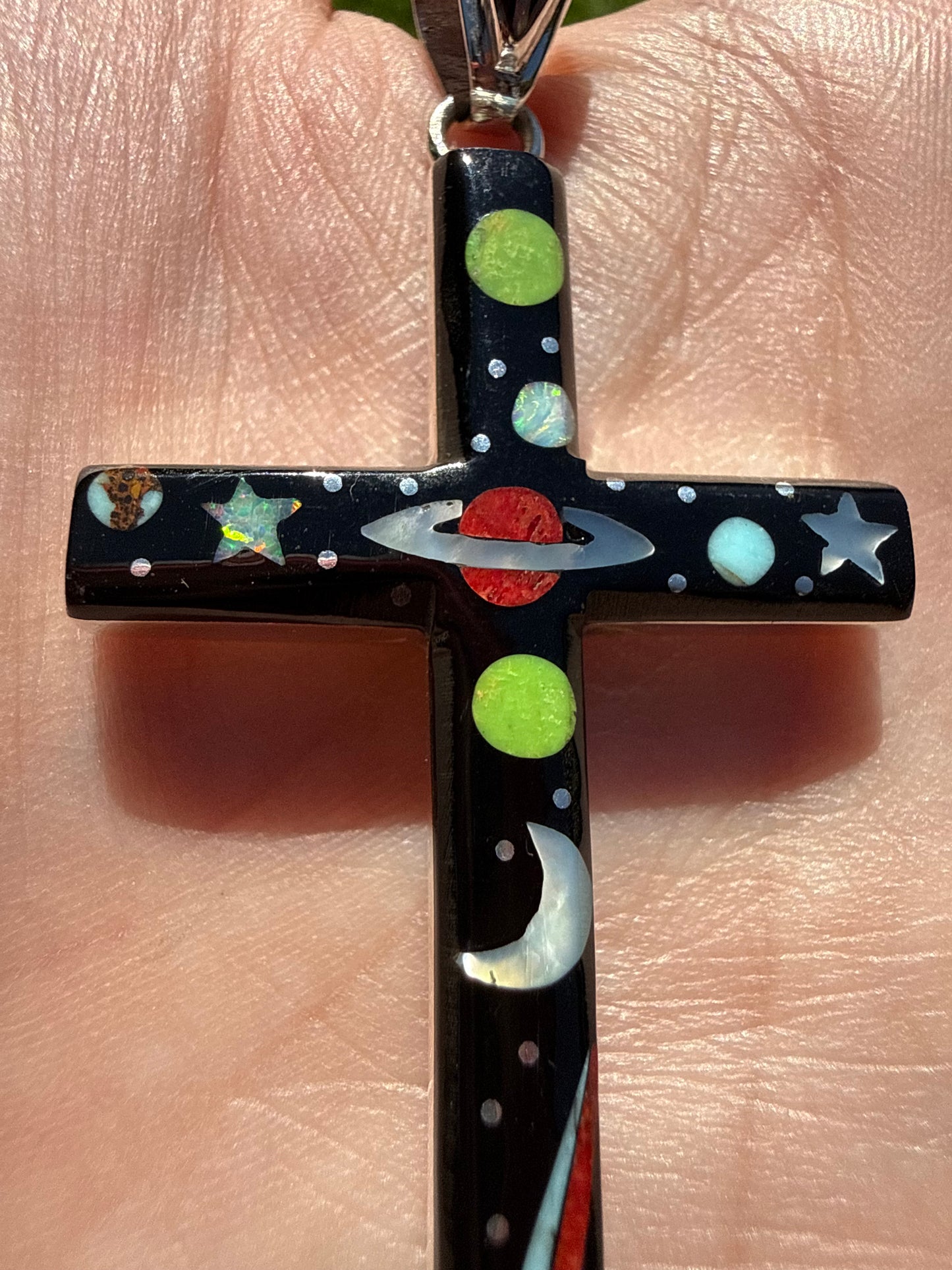 Space Multi Stone Inlayed Cross Sterling Silver Statement Pendant