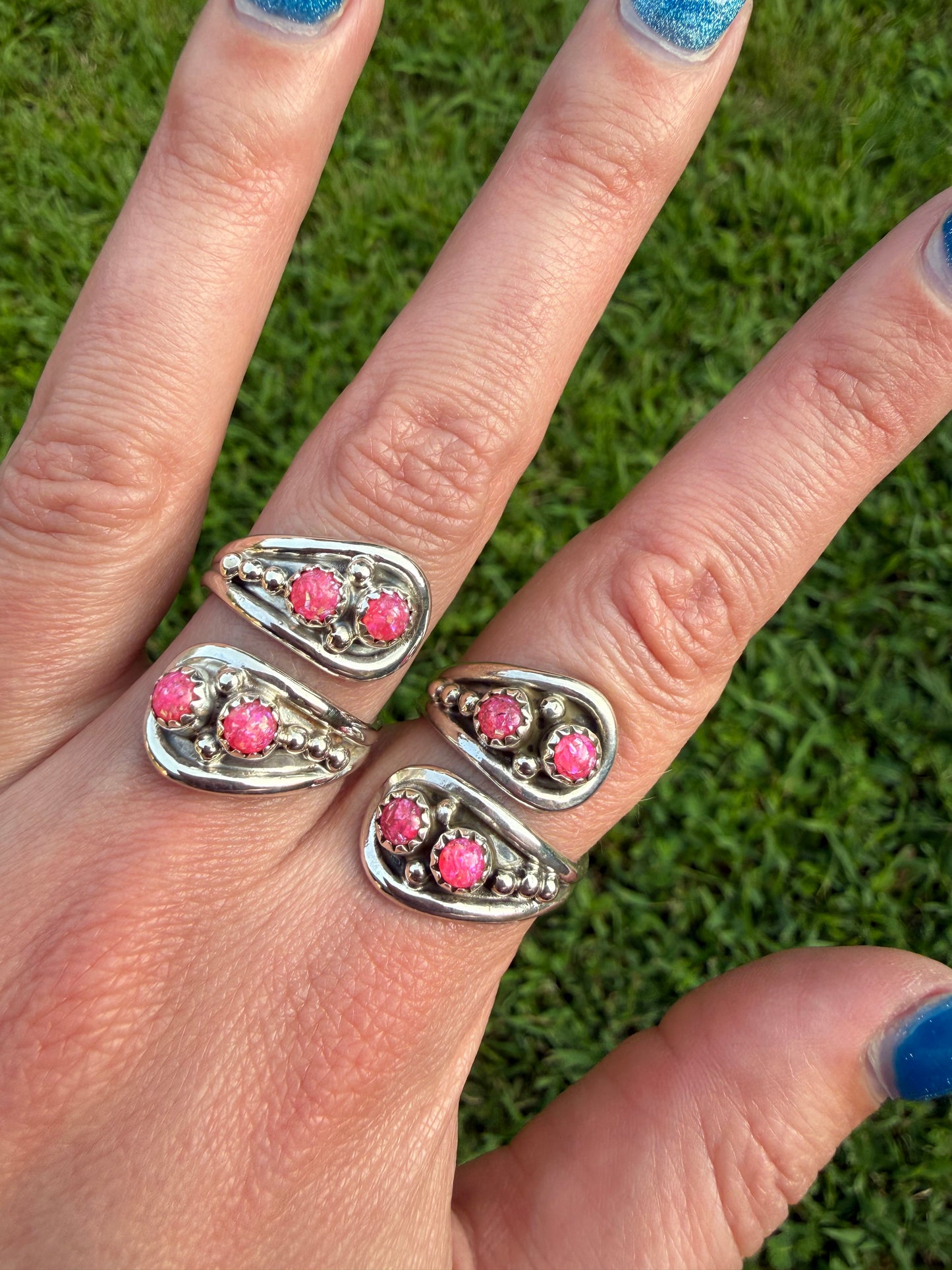 Navajo Hot Pink Balloon Opal Floater Sterling Silver Bypass Ring