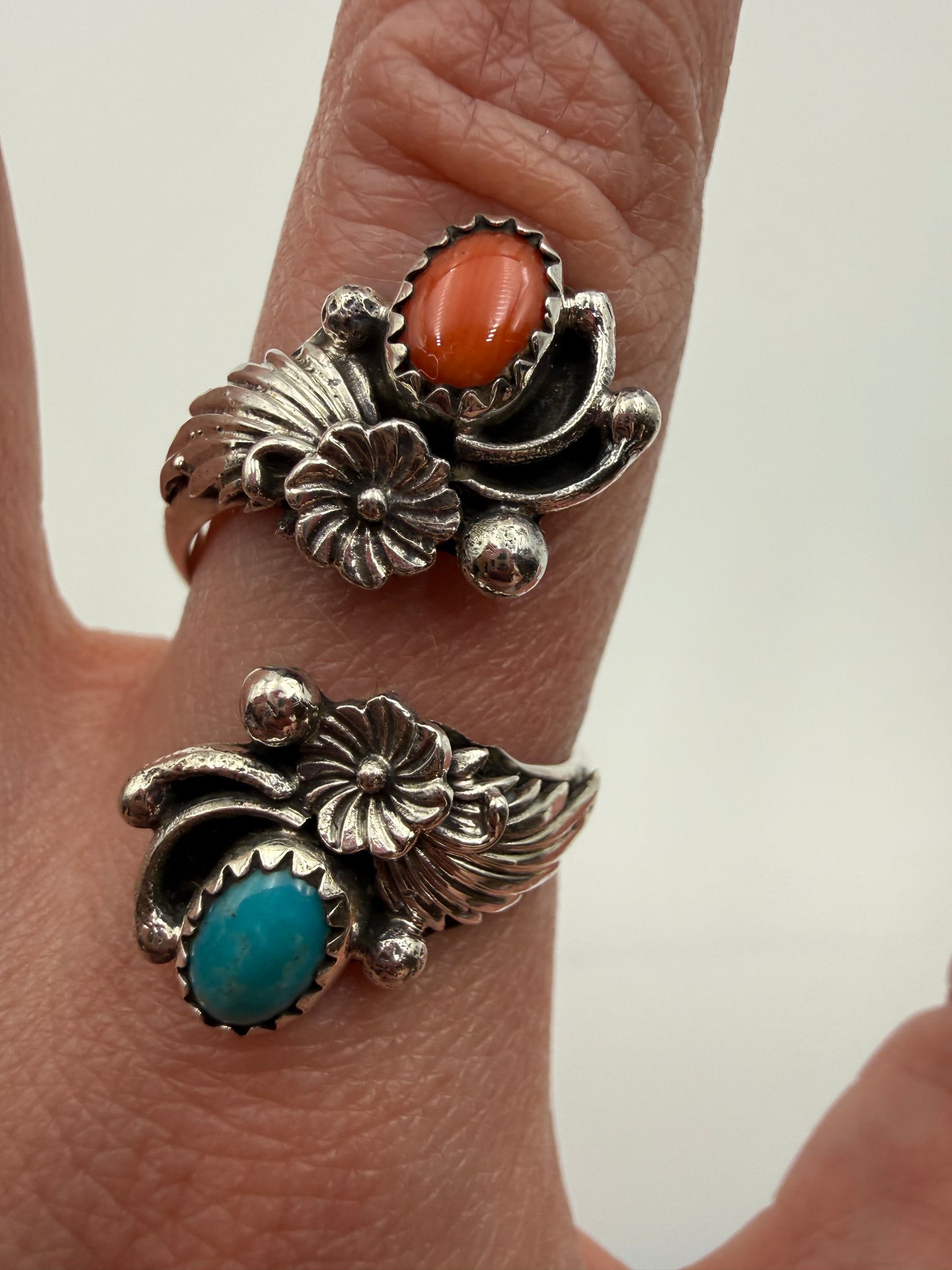 Navajo Turquoise and Coral Flower Floater Bypass Ring