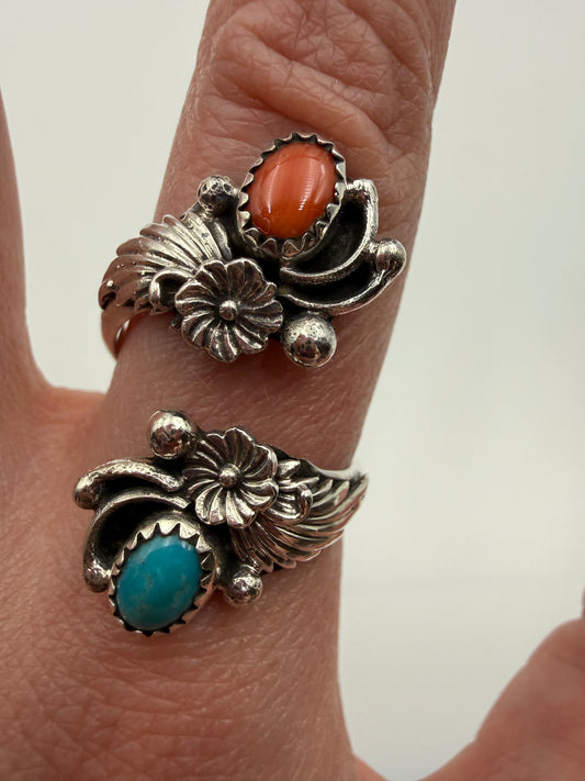 Navajo Turquoise and Coral Flower Floater Bypass Ring