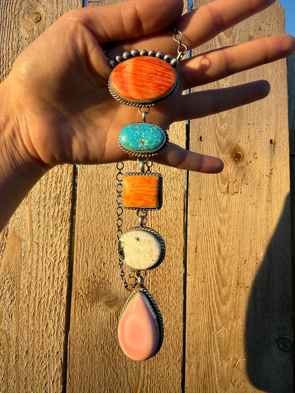 Navajo Multi Stone Big Lariat Sterling Silver Handmade Necklace By Vicky Hicks