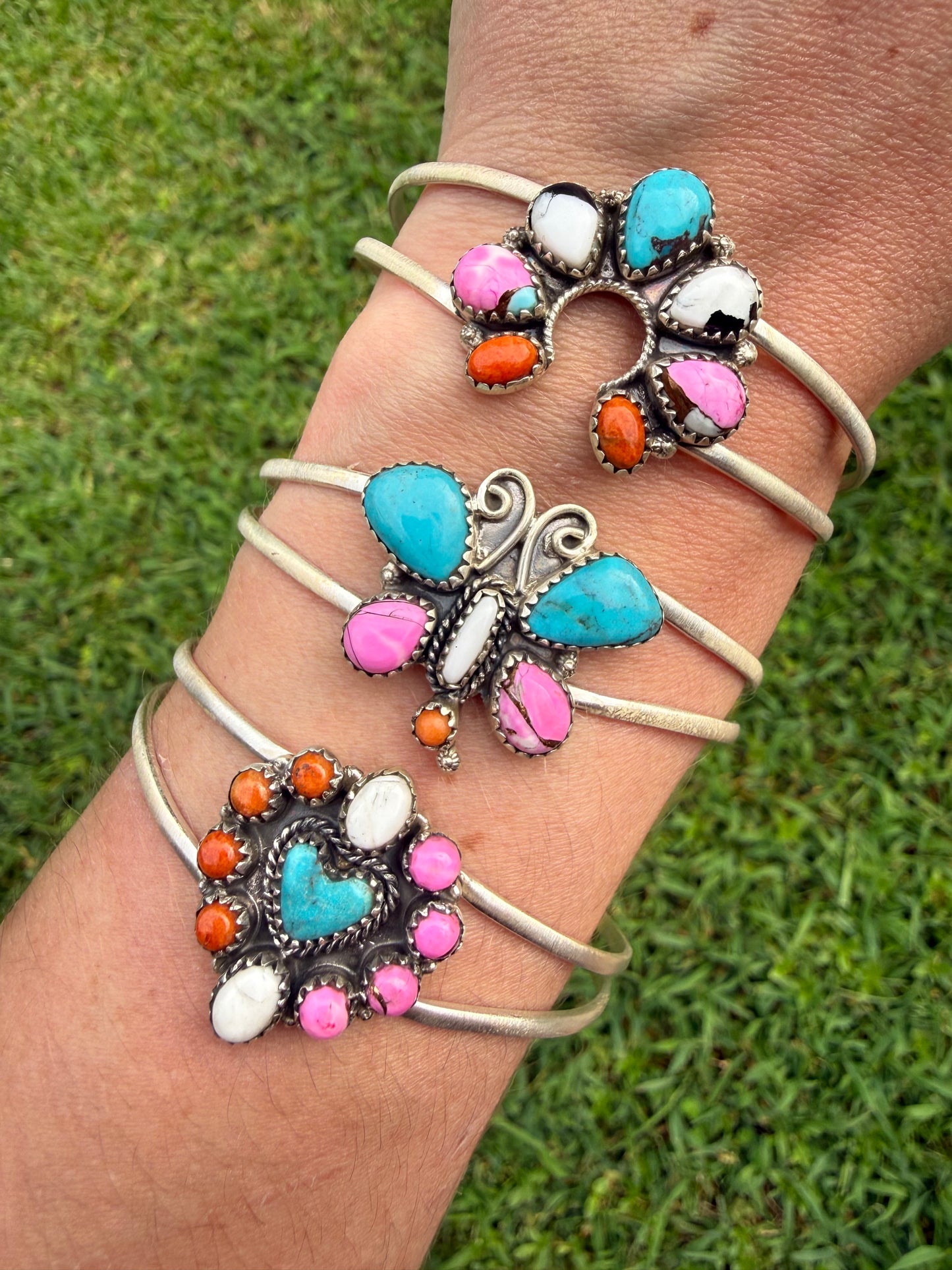 Cotton Candy, Kingman Turquoise, and Orange Mojave Sterling Silver Cuff Bracelet