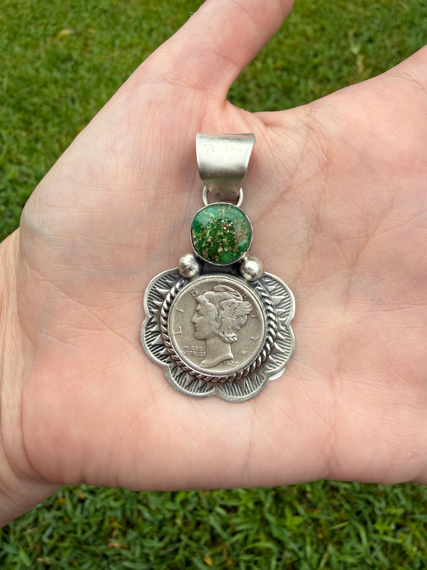Navajo Liberty Coin Sonoran Gold Turquoise Sterling Silver Pendant