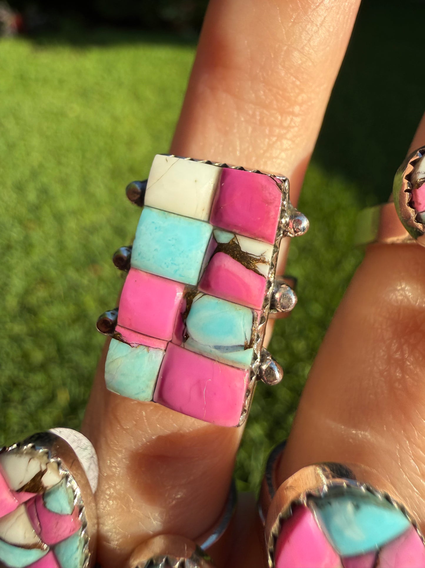 Cotton Candy Turquoise Cobblestone Sterling Silver Adjustable Rings