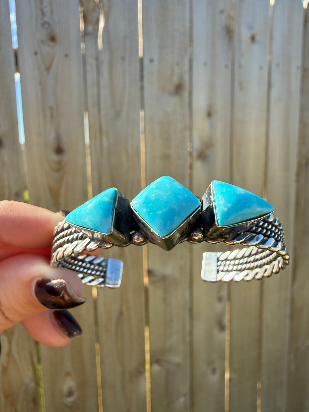 Navajo Triangle Shaped 3 Stone Sterling Silver Cuff Bracelet