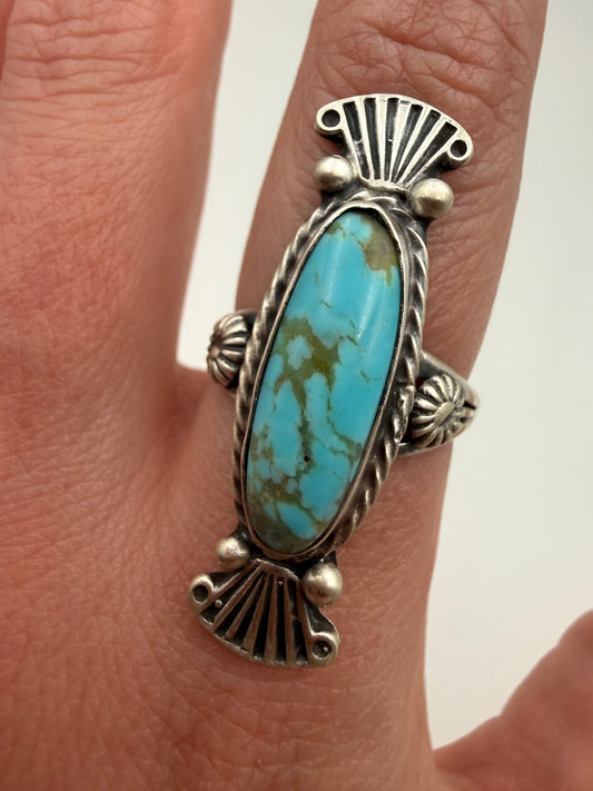 Native Turquoise Long Sterling Silver Ring Size 8 by