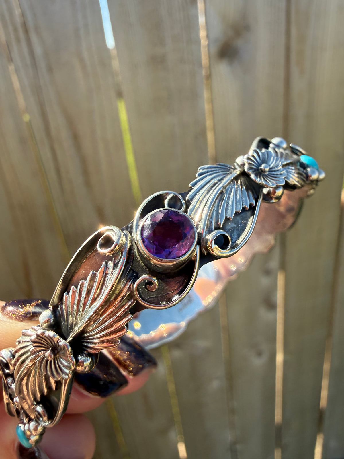 Navajo Amethyst and Turquoise Flower and Detailed Accent Sterling Silver Bangle Cuff Bracelet