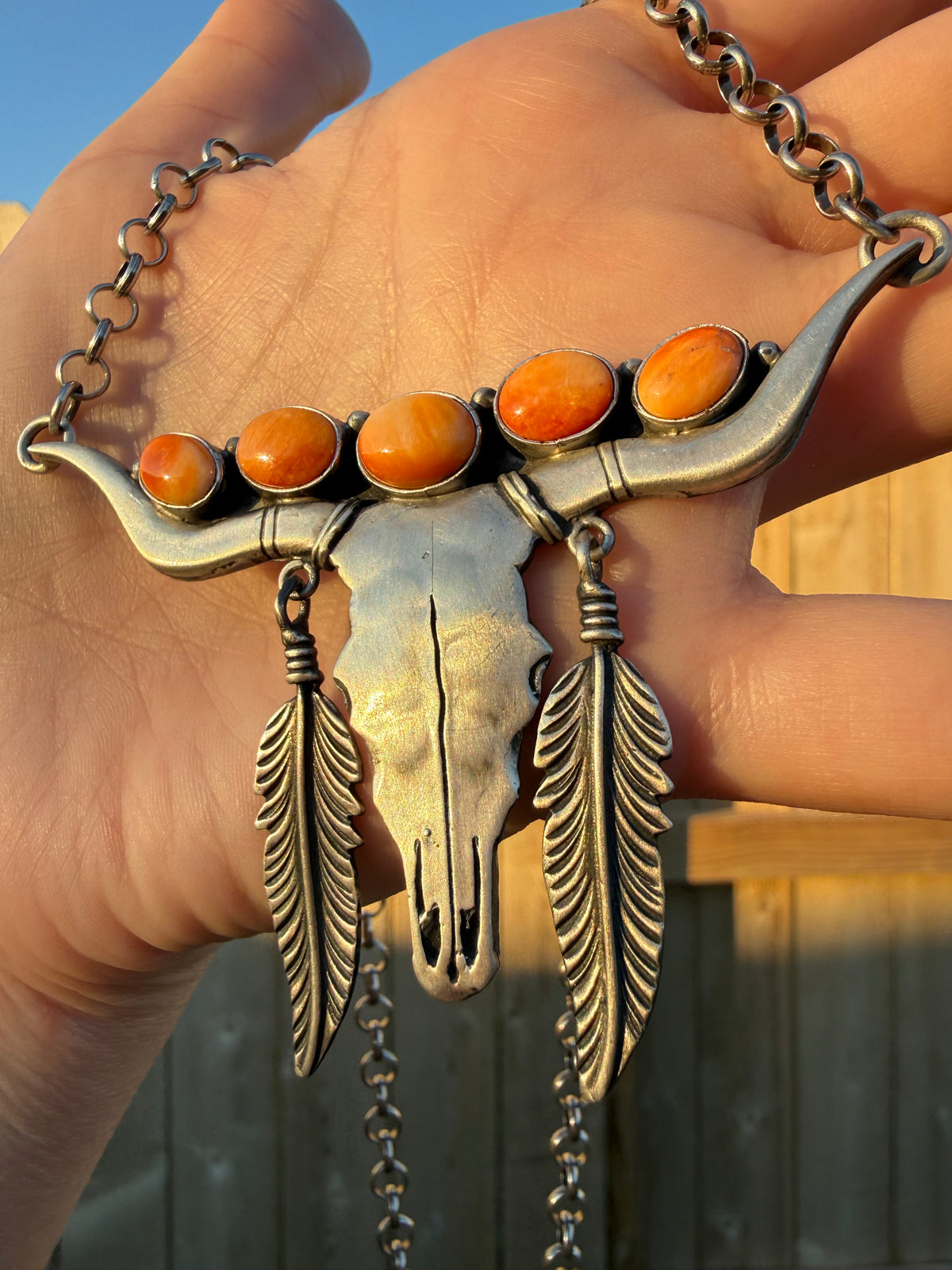 Navajo Orange Spiny Longhorn Feather Bar Sterling Silver Necklace