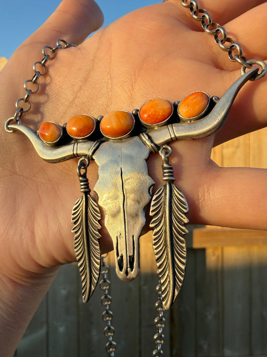 Navajo Orange Spiny Longhorn Feather Bar Sterling Silver Necklace