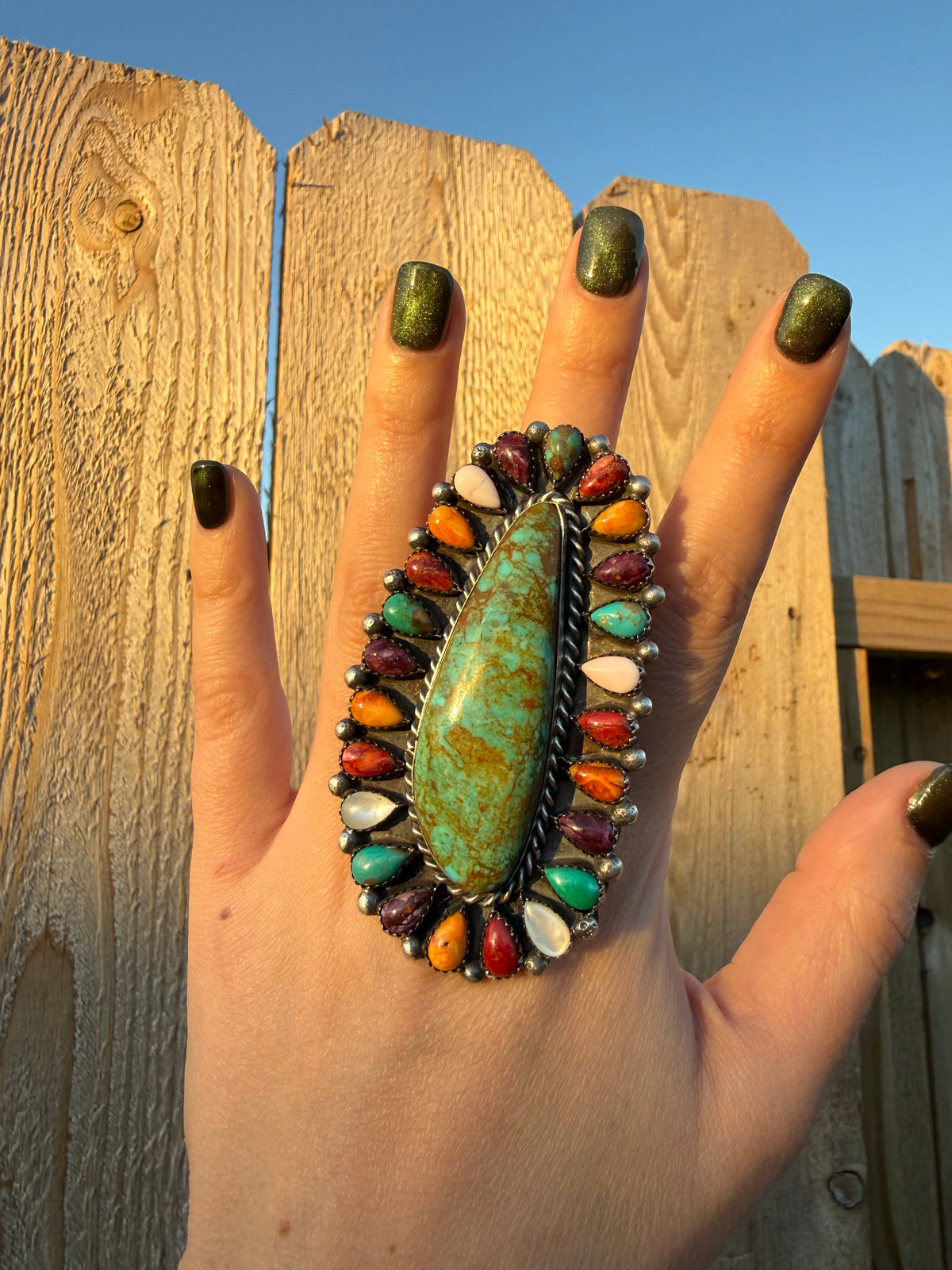 Navajo Multi Color and Turquoise Huge Full Flower Statement Adjustable Sterling Silver Ring
