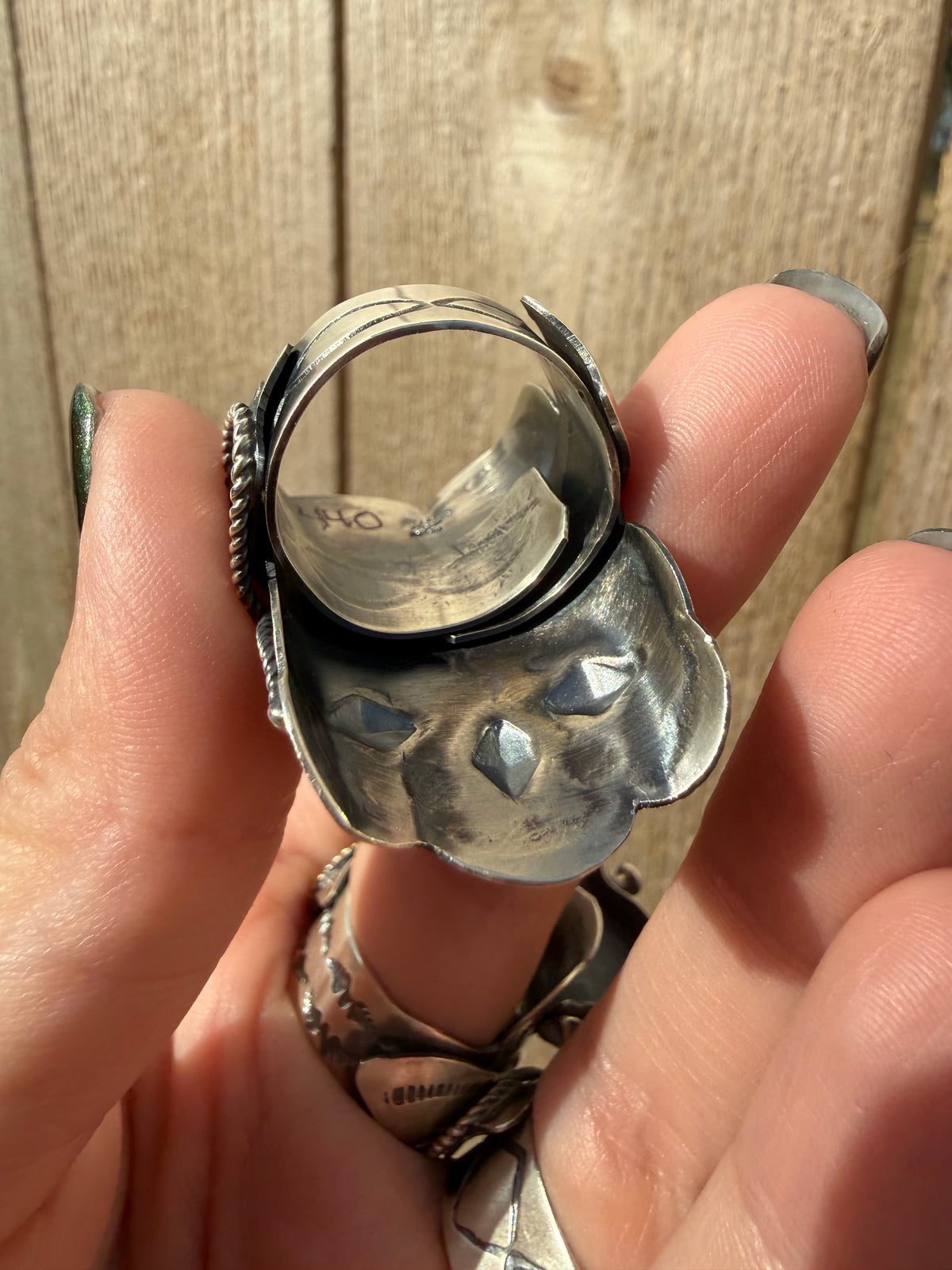 Navajo Turquoise Heart Saddle Sterling Silver Adjustable Ring by Tim Yazzie