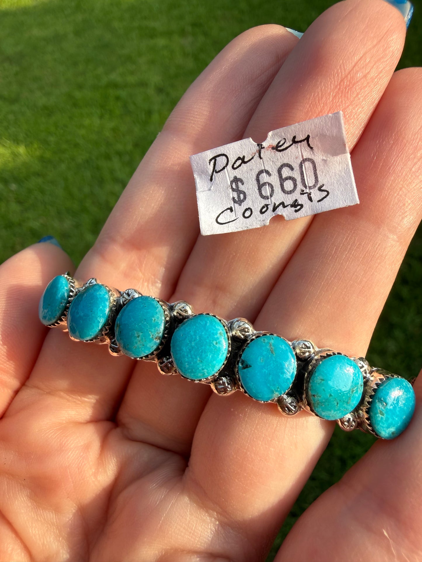 Navajo Turquoise 7 Stone Bar Sterling Silver Cuff Bracelet