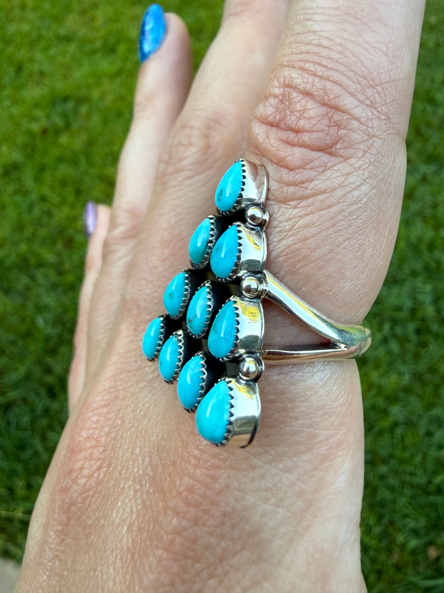 Navajo Turquoise Triangle Cluster Sterling Silver Ring