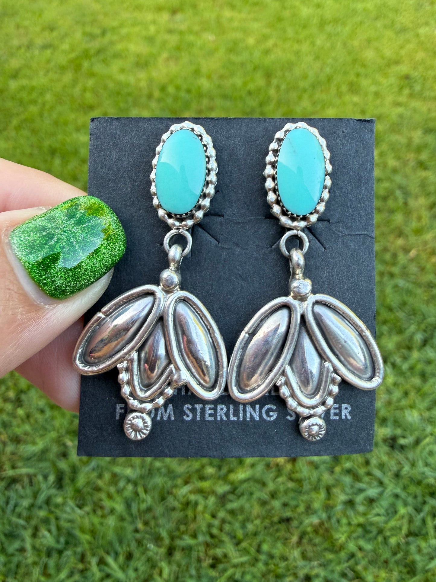 Navajo Turquoise Triple Sterling Silver Oval Drop Earring