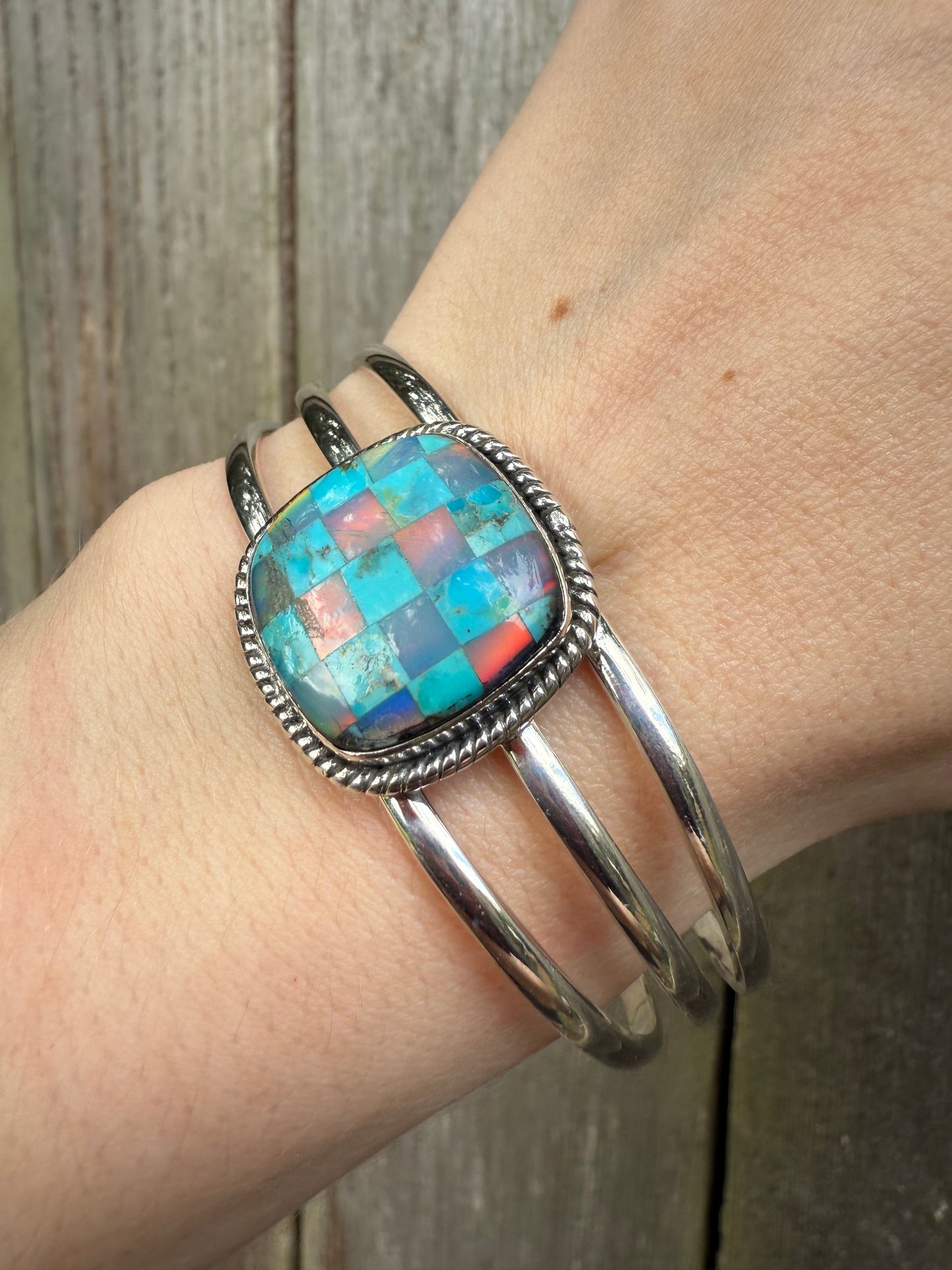 Mojave Turquoise and Aurora Opal Sterling Silver Checkered Cuff
