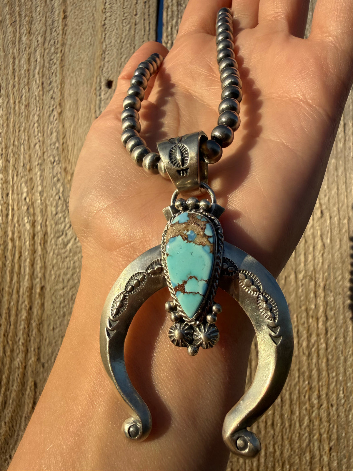 Navajo Golden Hills Turquoise Naja Sterling Silver with Desert Pearl Necklace