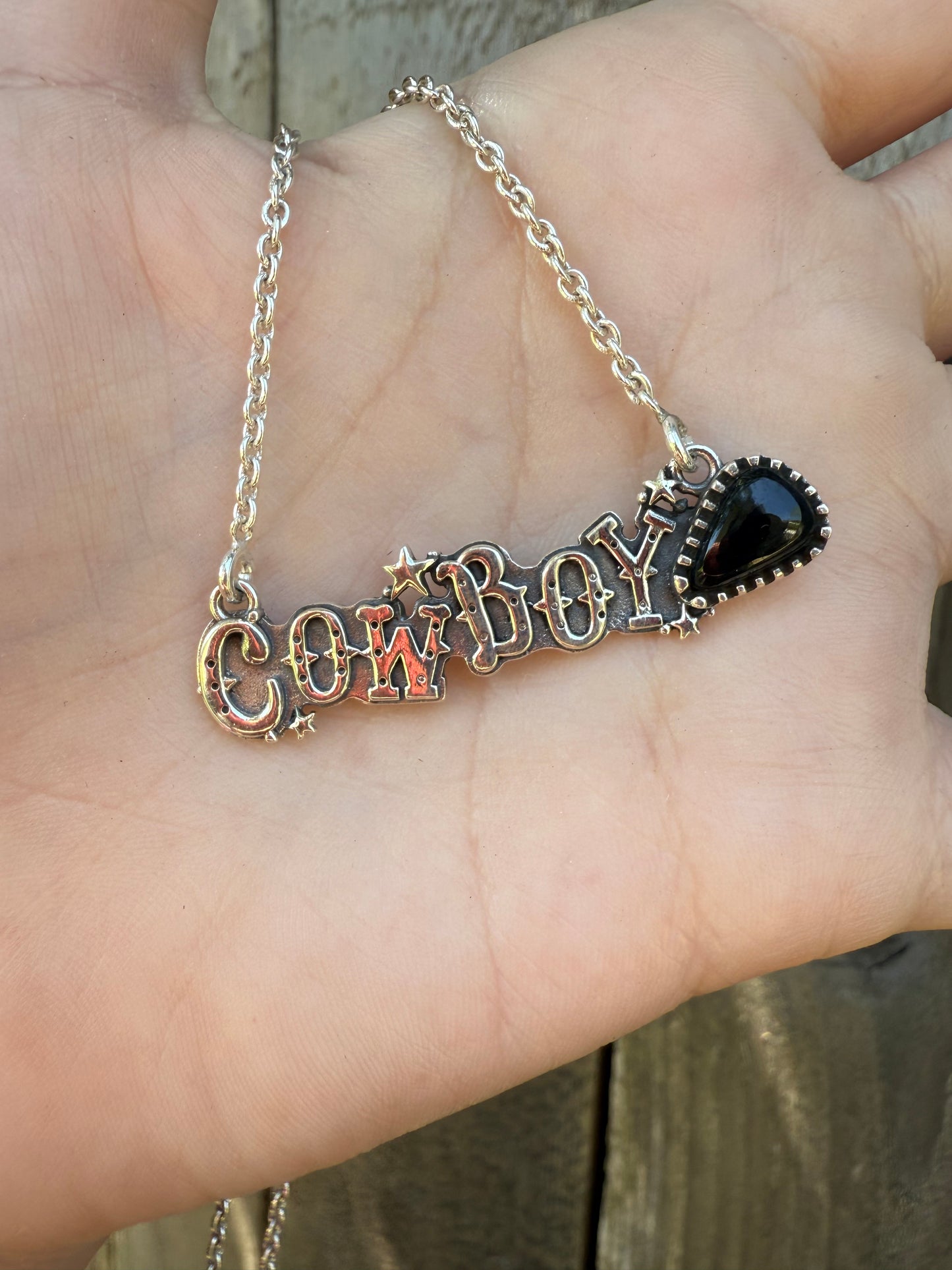Black Onyx Cowboy Plate Sterling Silver Bar Necklace