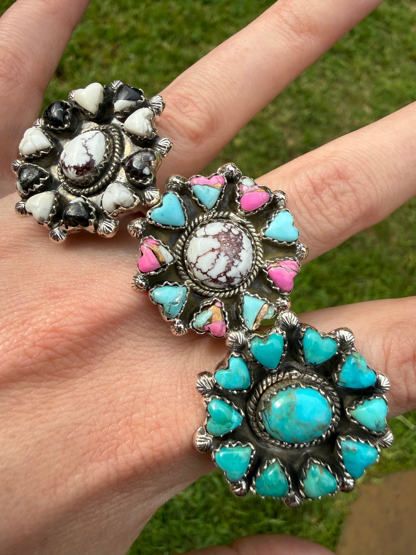 Kingman Turquoise, Cotton Candy and White Buffalo Wild Horse Heart Adjustable Ring