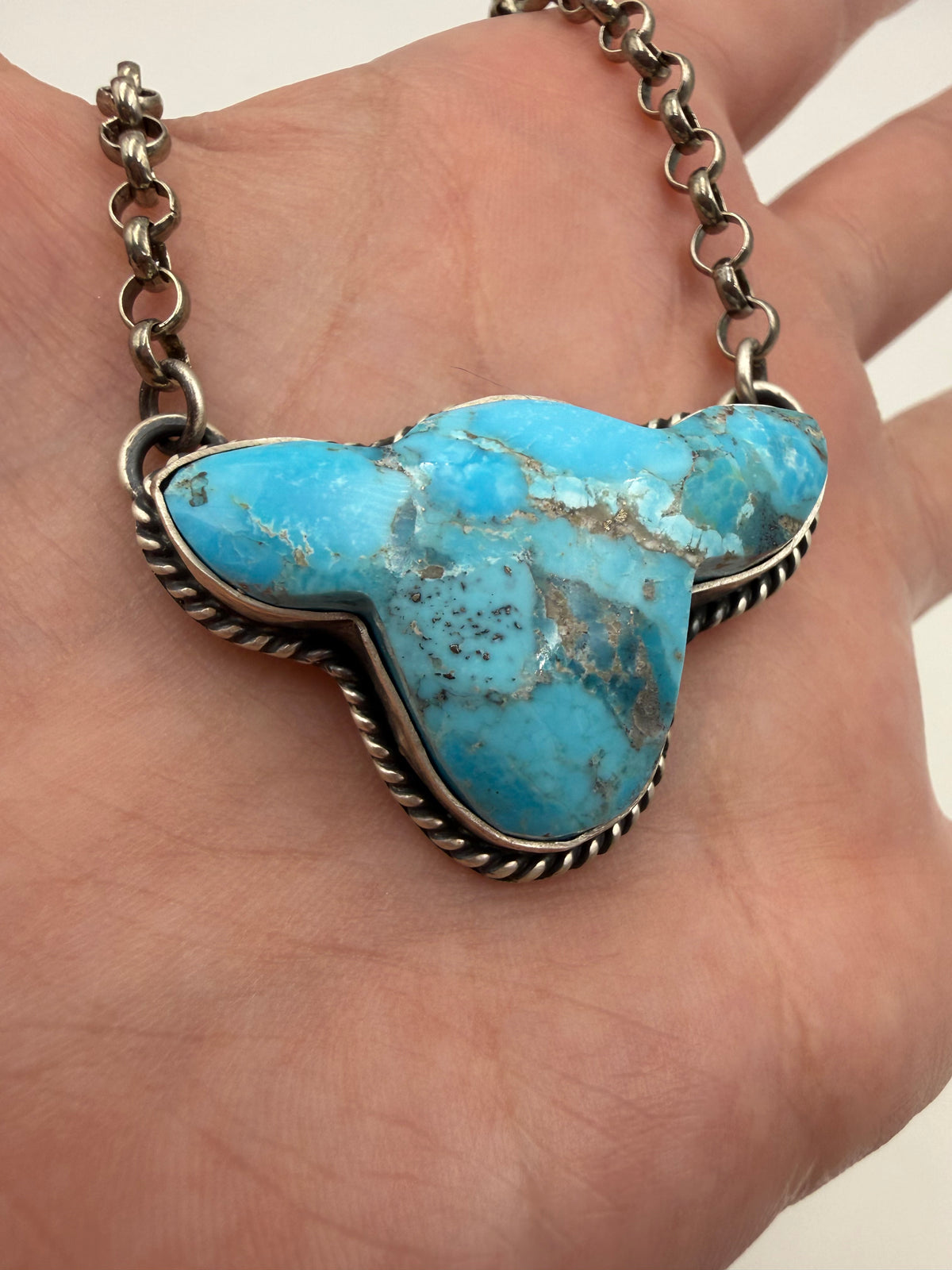 Navajo Turquoise Cow Head Sterling Silver Necklace
