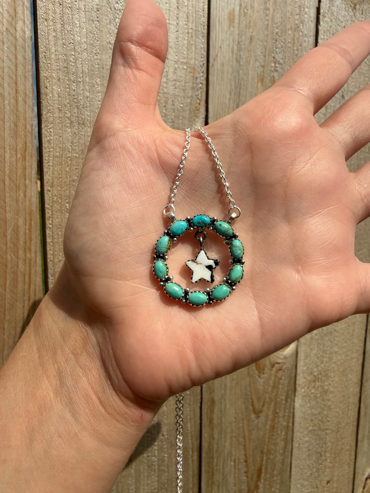 Kingman Turquoise and White Buffalo Circle with Star Drop Sterling Silver Necklace