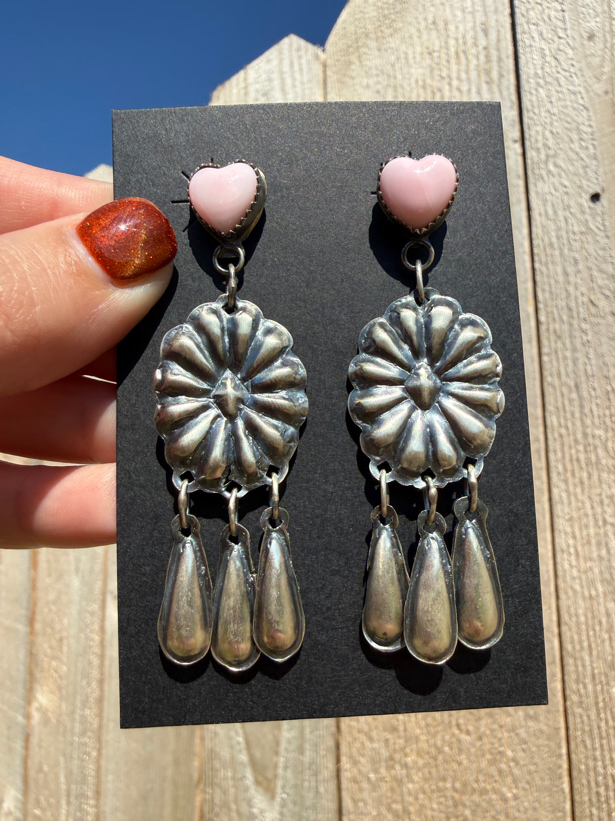 Navajo Heart Pink Conch Sterling Silver Concho Triple Dangle Earrings