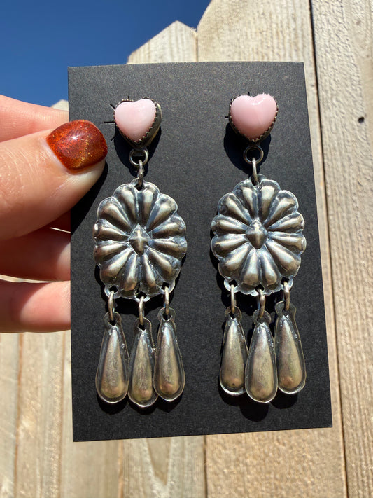 Navajo Heart Pink Conch Sterling Silver Concho Triple Dangle Earrings