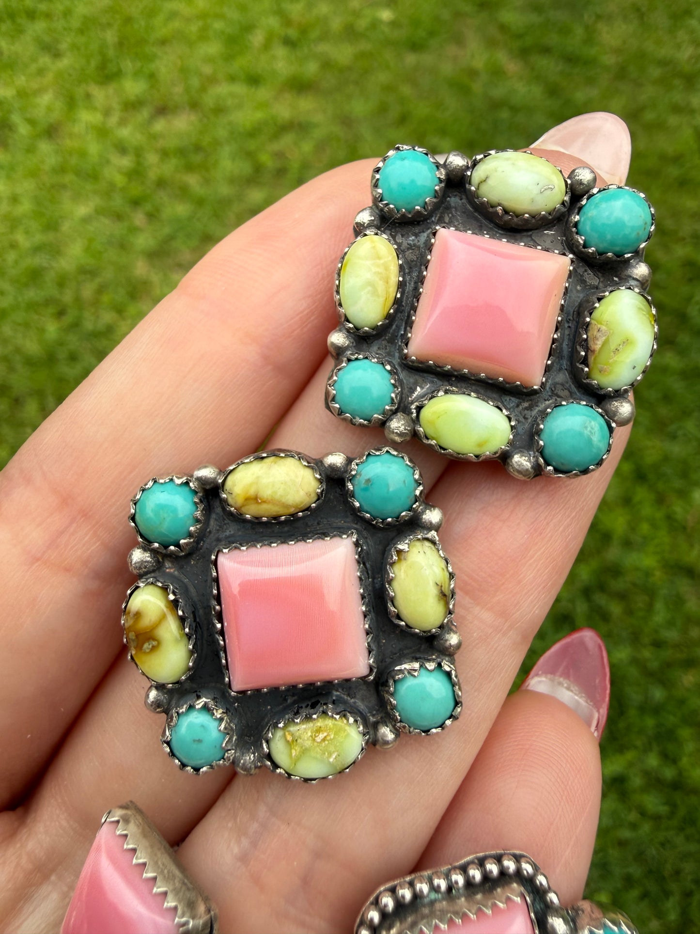 Pink Conch Sterling Silver Multi Stone Stud Earrings