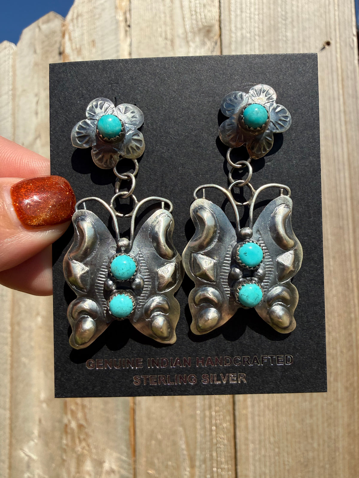Navajo Butterfly Turquoise Sterling Silver Flower Concho Earrings