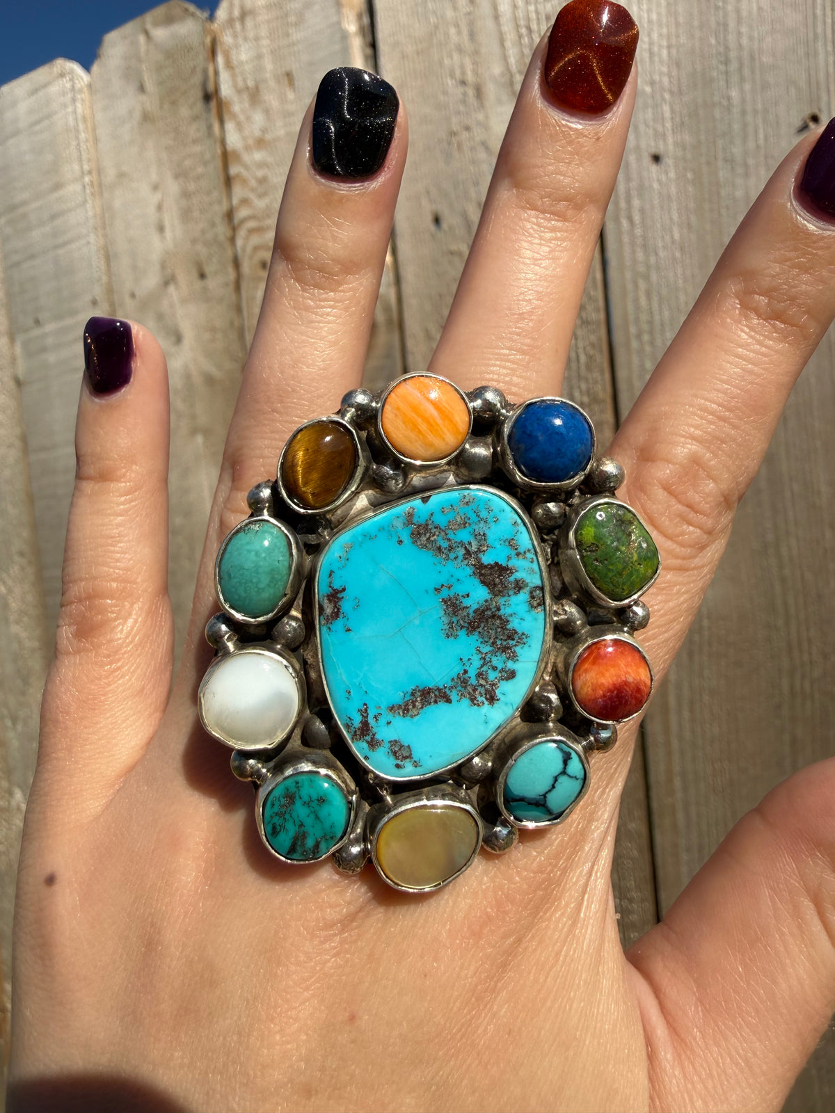 Navajo Multi Stone Big Statement Full Flower Cluster Adjustable Sterling Silver Ring