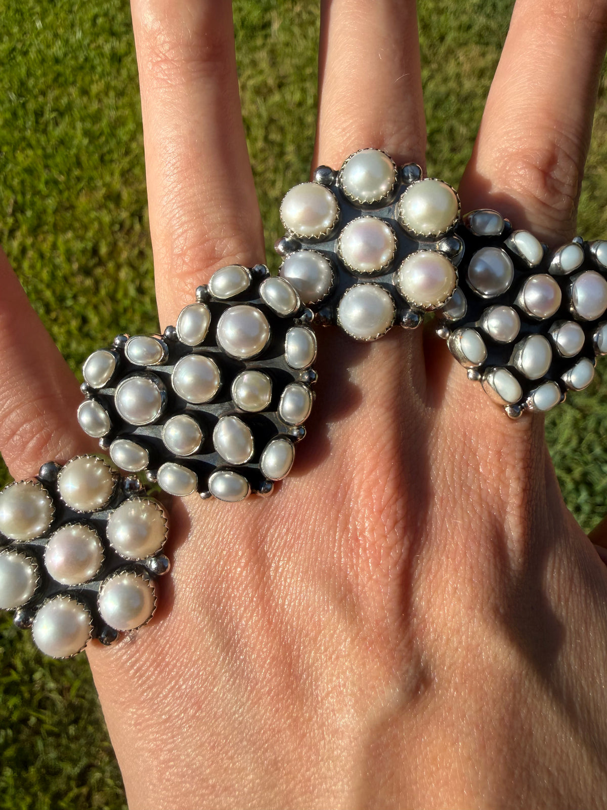 Navajo Mother of Pearl Heart or Round Cluster Sterling Silver Ring