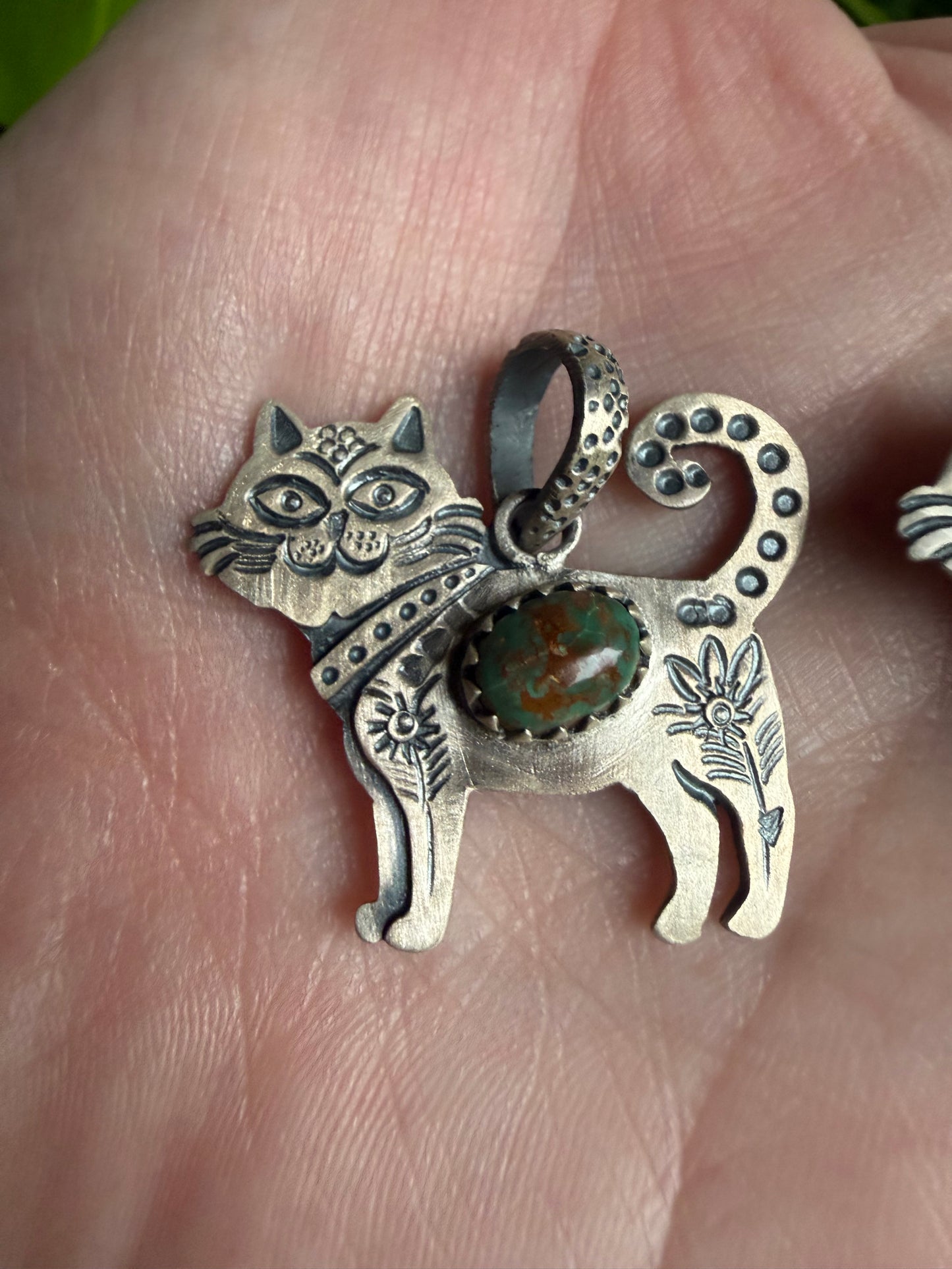 Turquoise or Orange Spiny Cat Sterling Silver Pendant